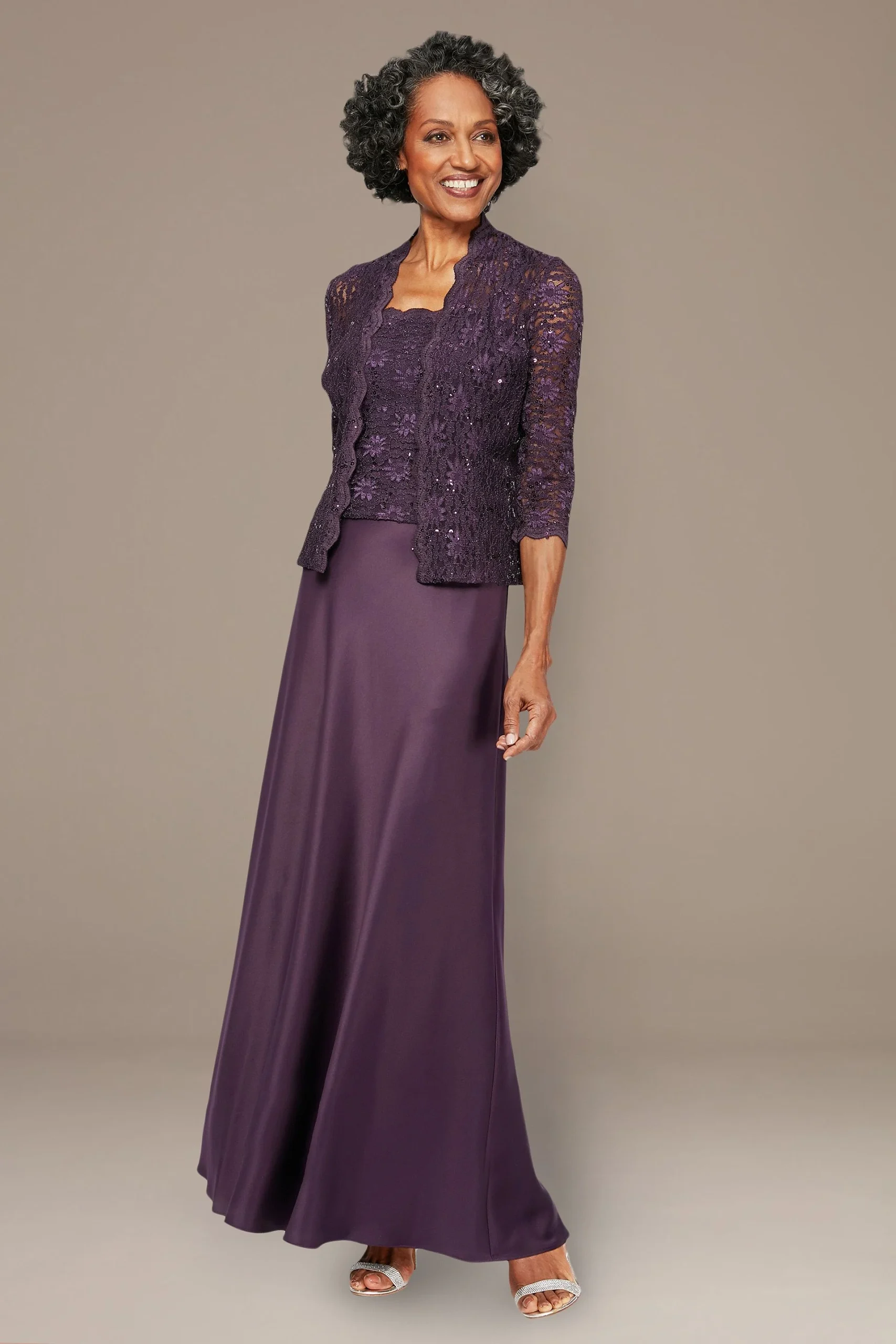 2-Pc Lace and Satin Jacket Gown with Sheer Sleeve