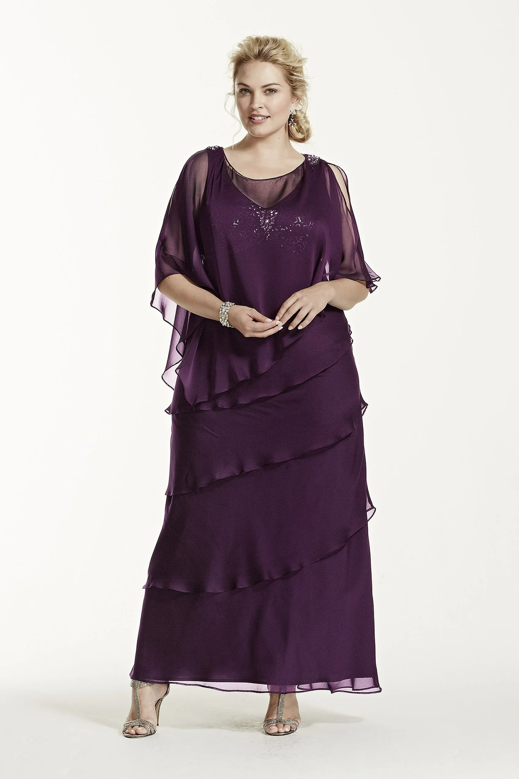 Multi Tiered Long Caplet Chiffon Dress