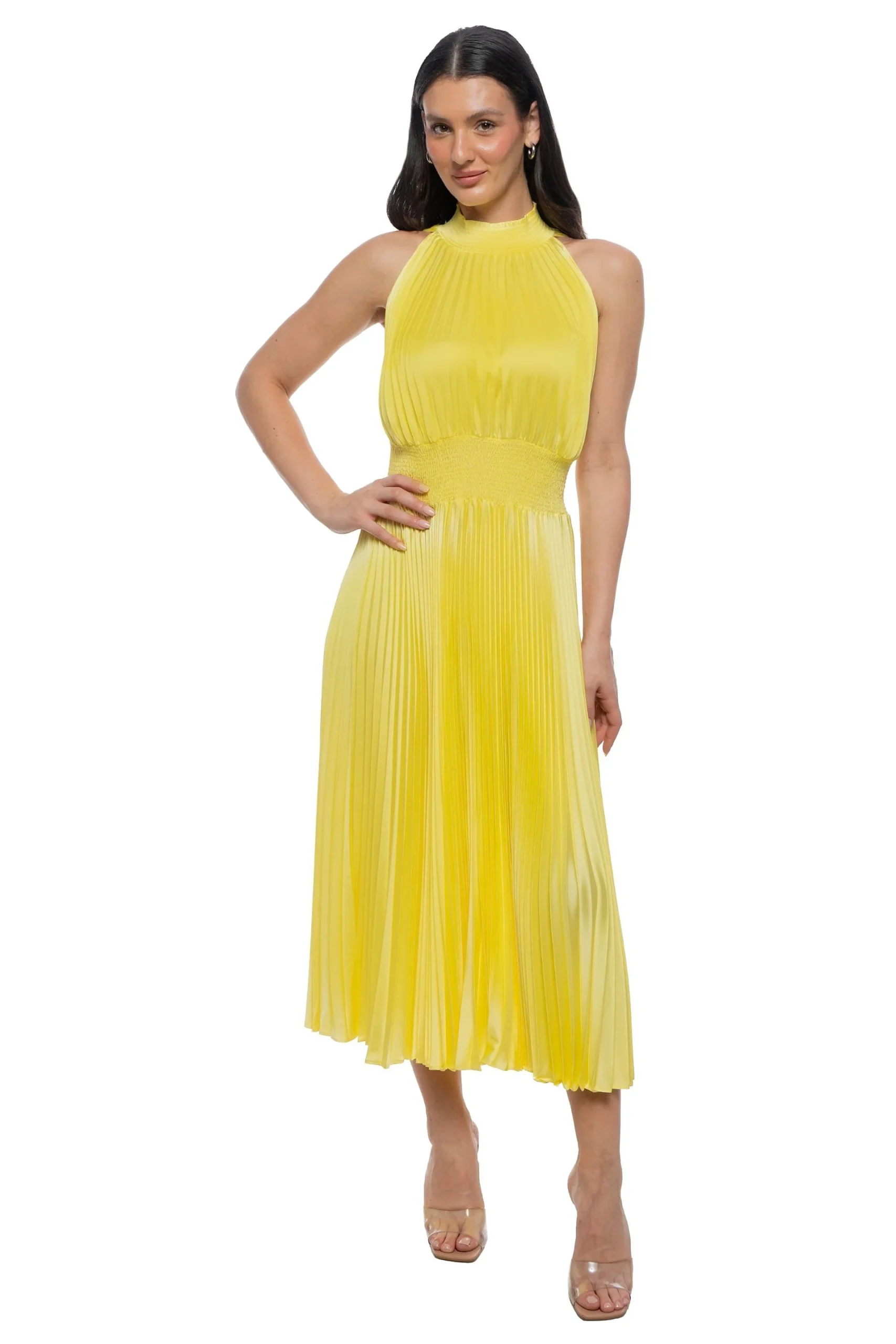 Sleeveless Pleated High-Neck Midi Dress