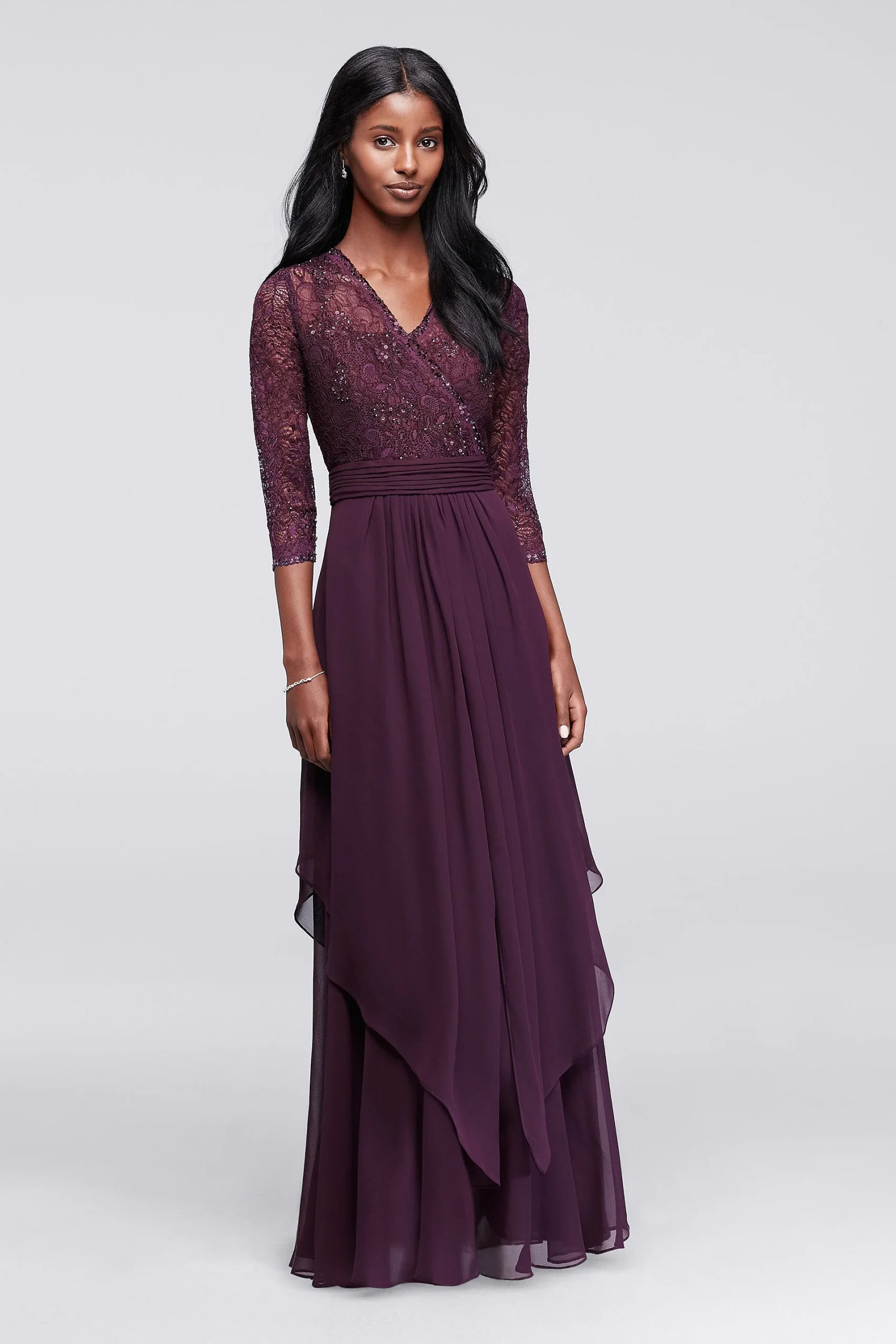 3/4 Sleeve Beaded Illusion Lace and Chiffon Dress