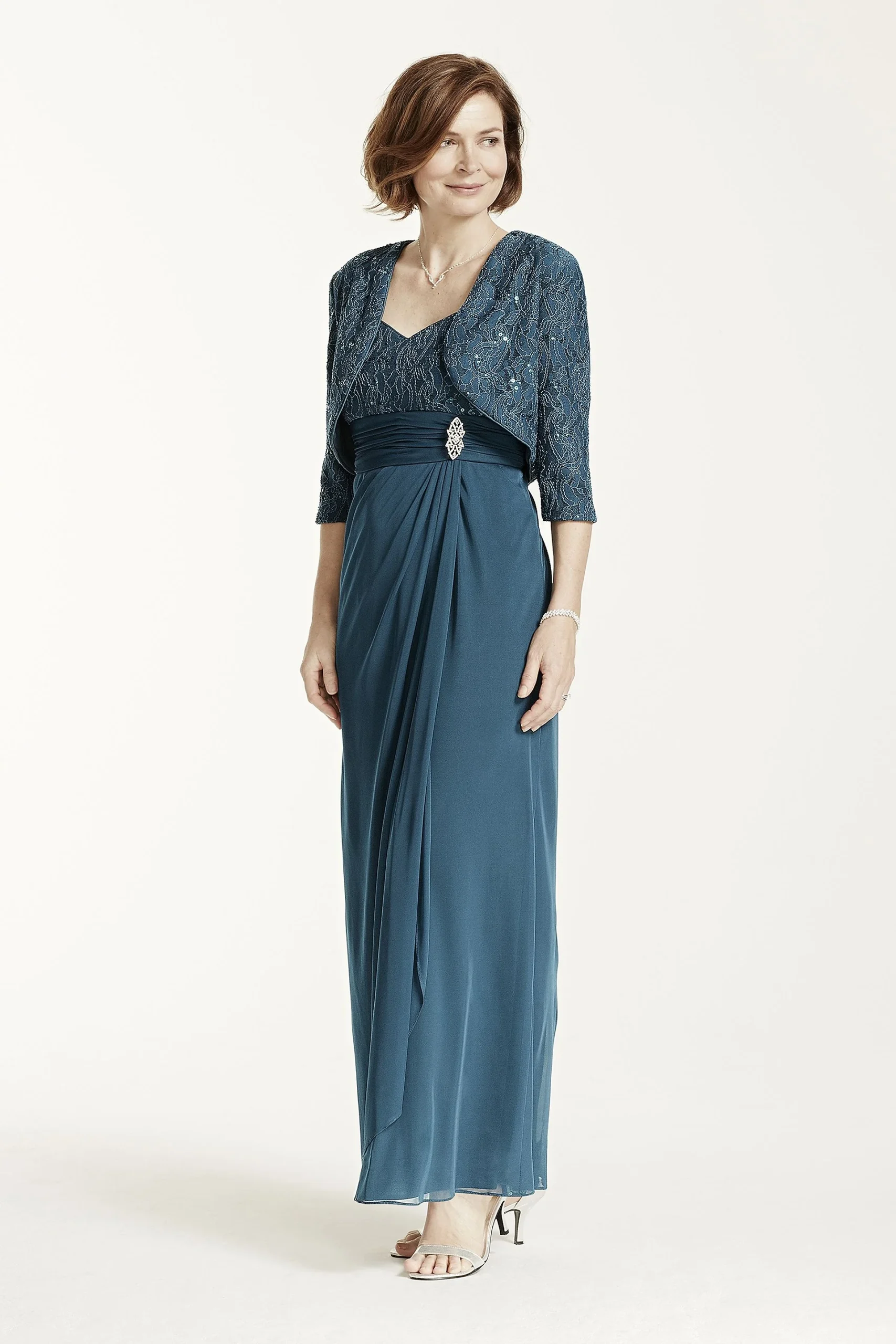 3/4 Sleeve Glitter Jacket with Long Chiffon Dress