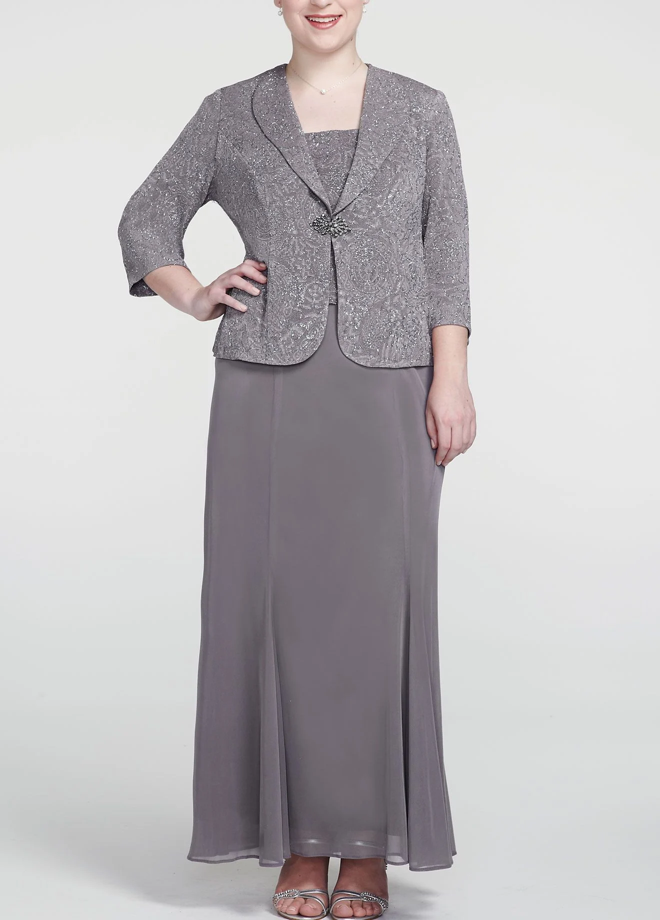 3/4 Sleeve Jacket Dress with Rhinestone Brooch