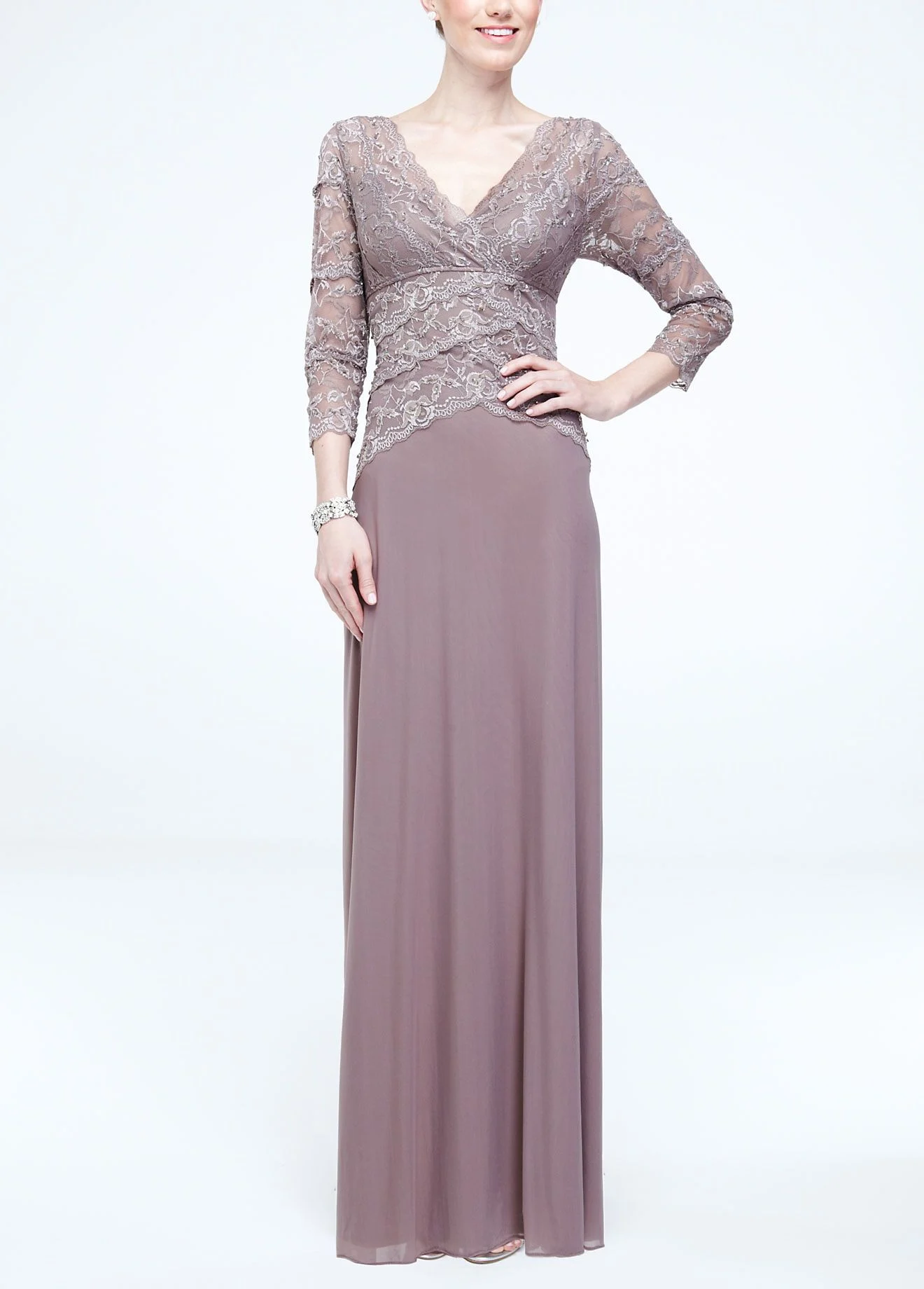 3/4 Sleeve Lace and Mesh Long Dress