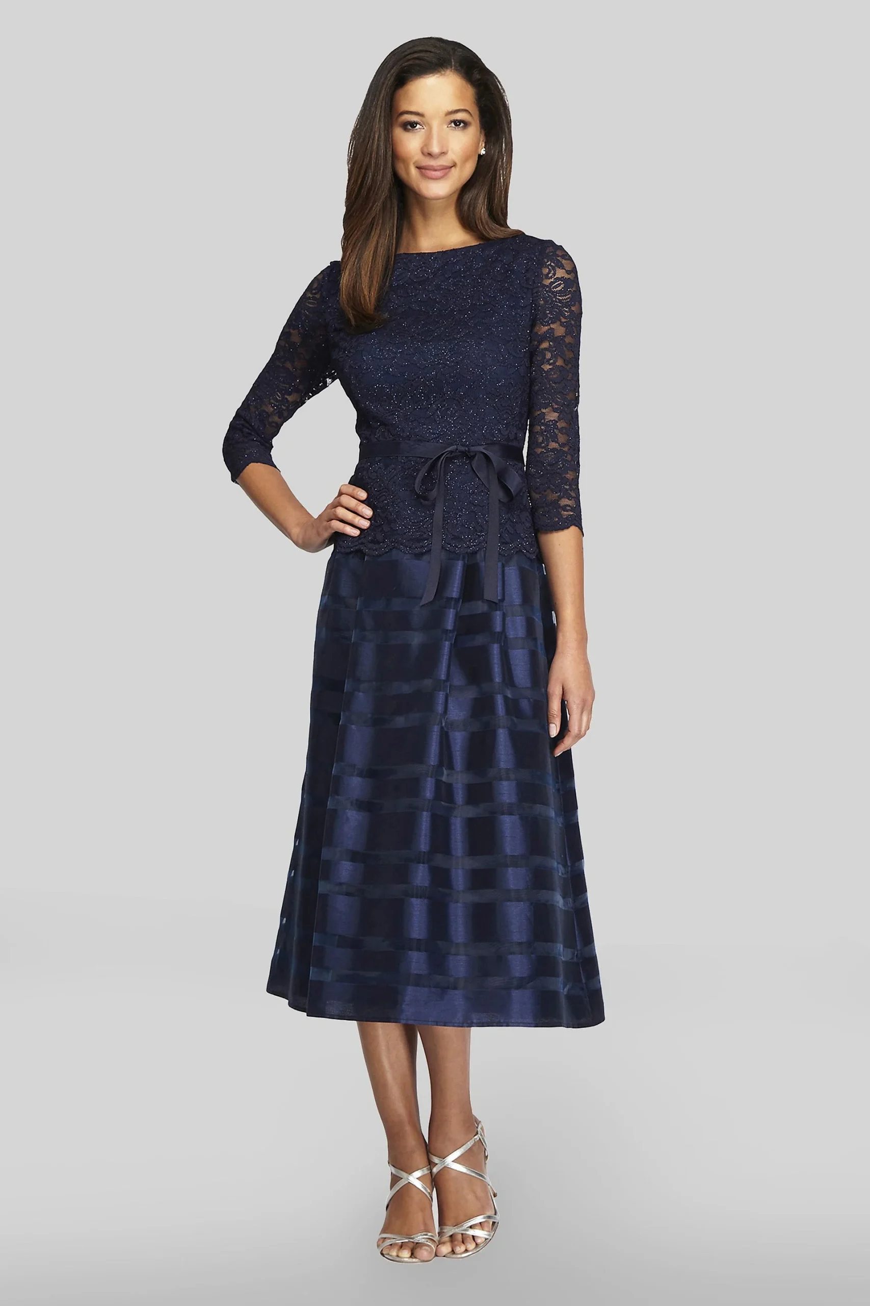 3/4 Sleeve Lace and Taffeta Tea-Length Dress