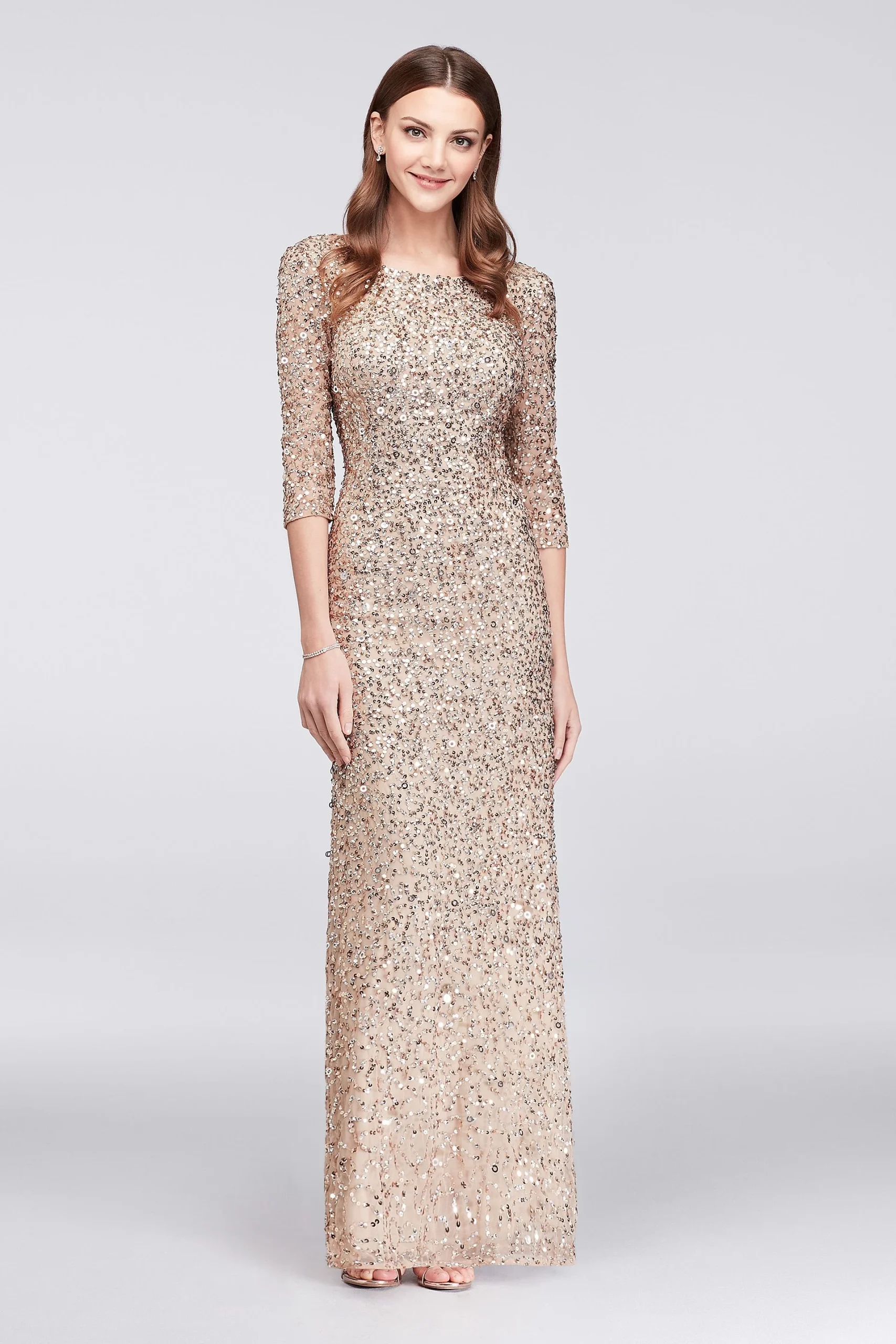 3/4-Sleeve Scoop-Back Sequin Gown