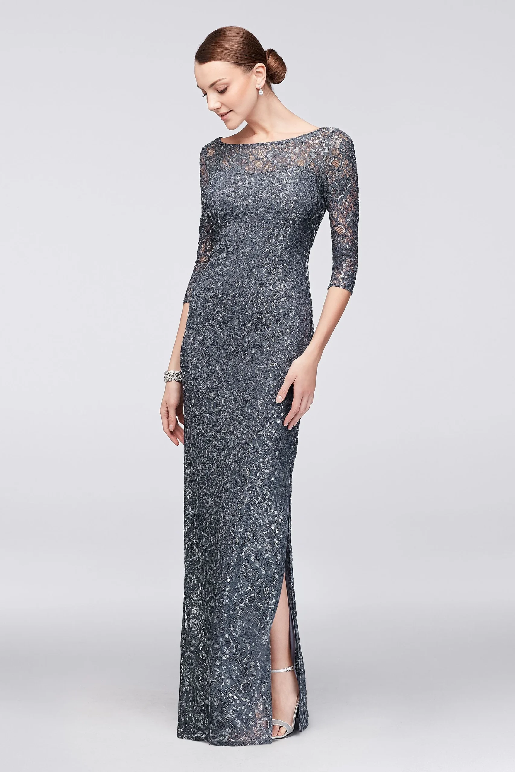 3/4-Sleeve Sequined Lace Column Dress with V-Back