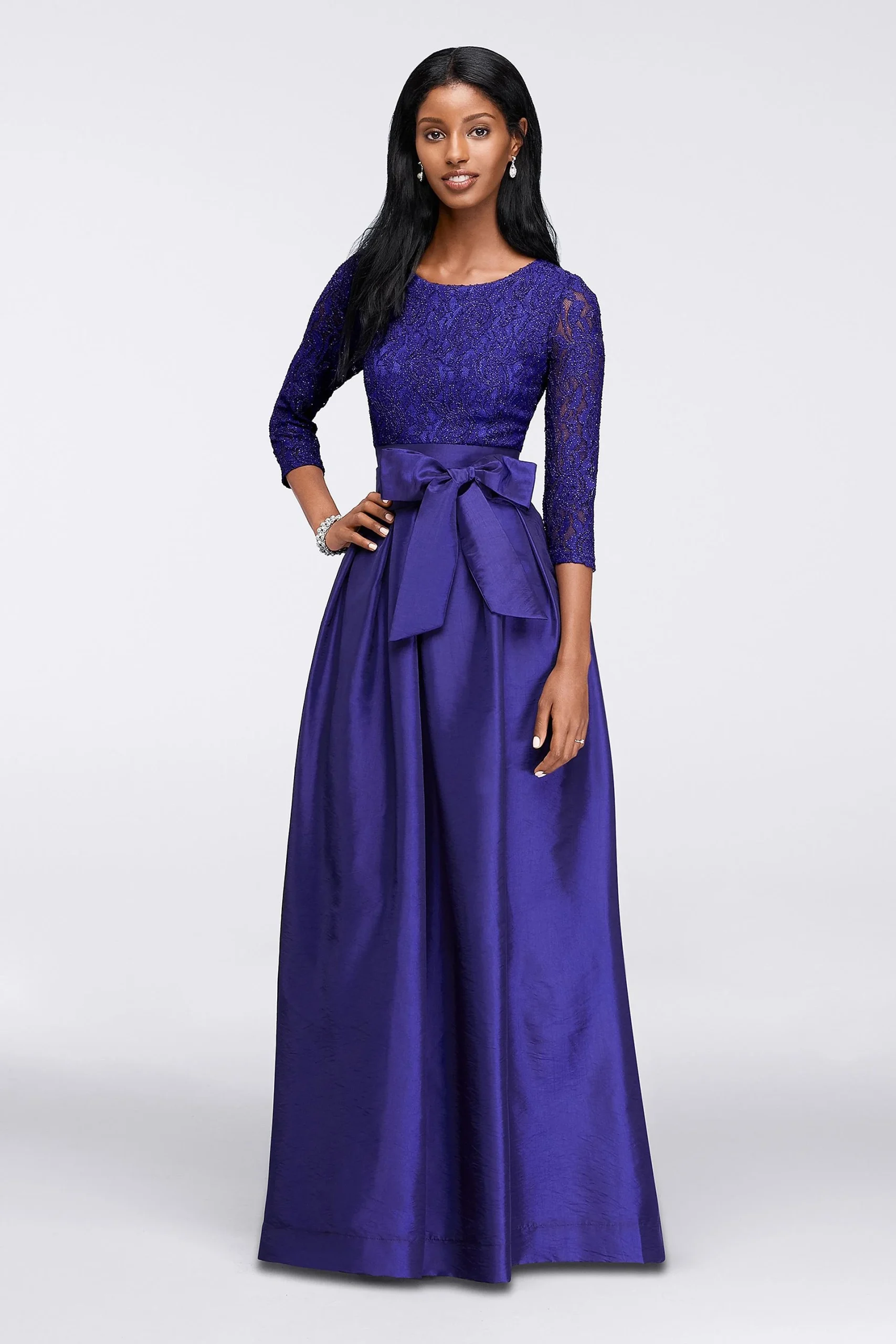 3/4 Sleeve Taffeta Ball Gown with Lace Bodice