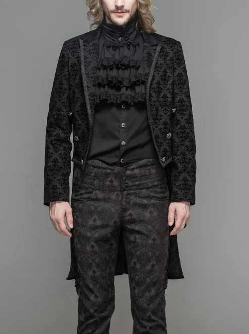 3D Braid Collar Decorated Pattern Button Long Sleeve Black Gothic Flocking Coat