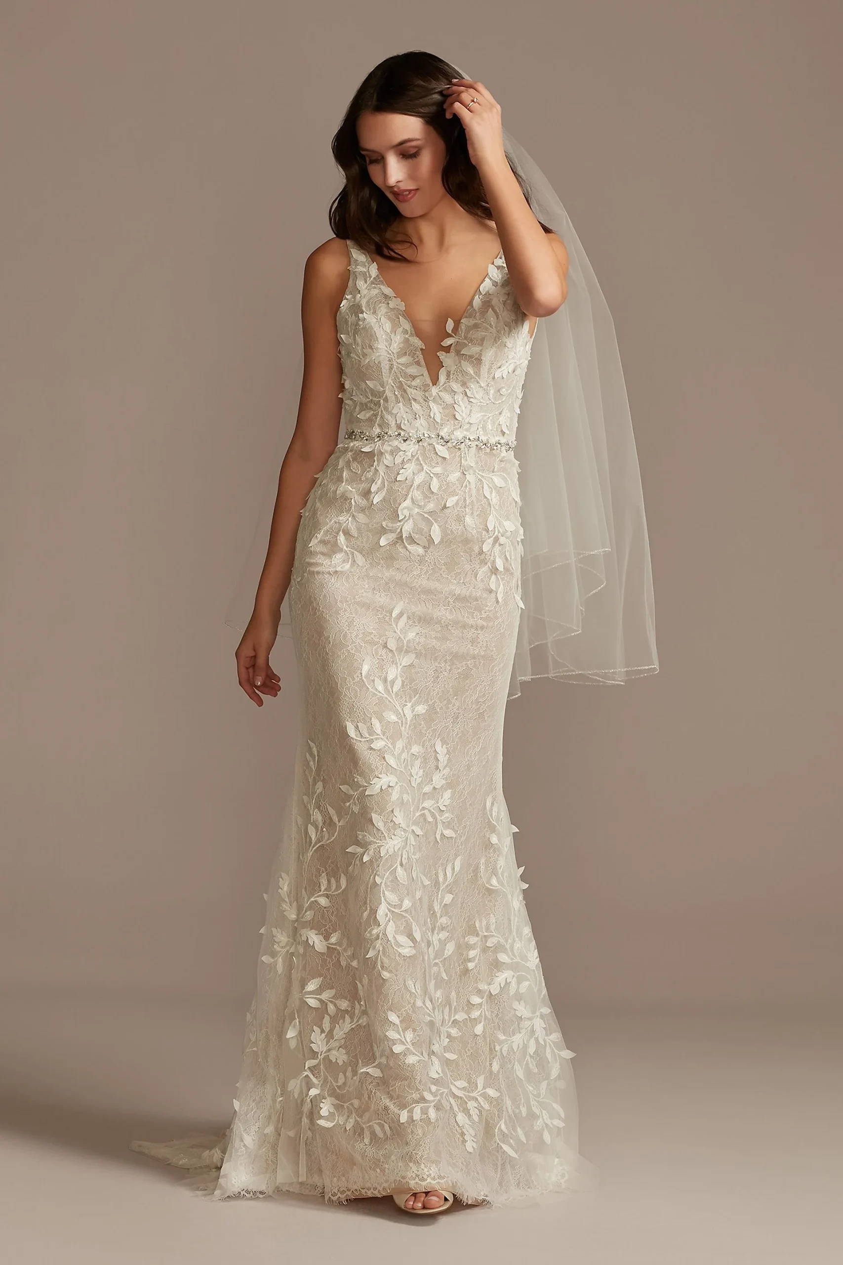 3D Leaves Applique Lace V-Neck Wedding Dress