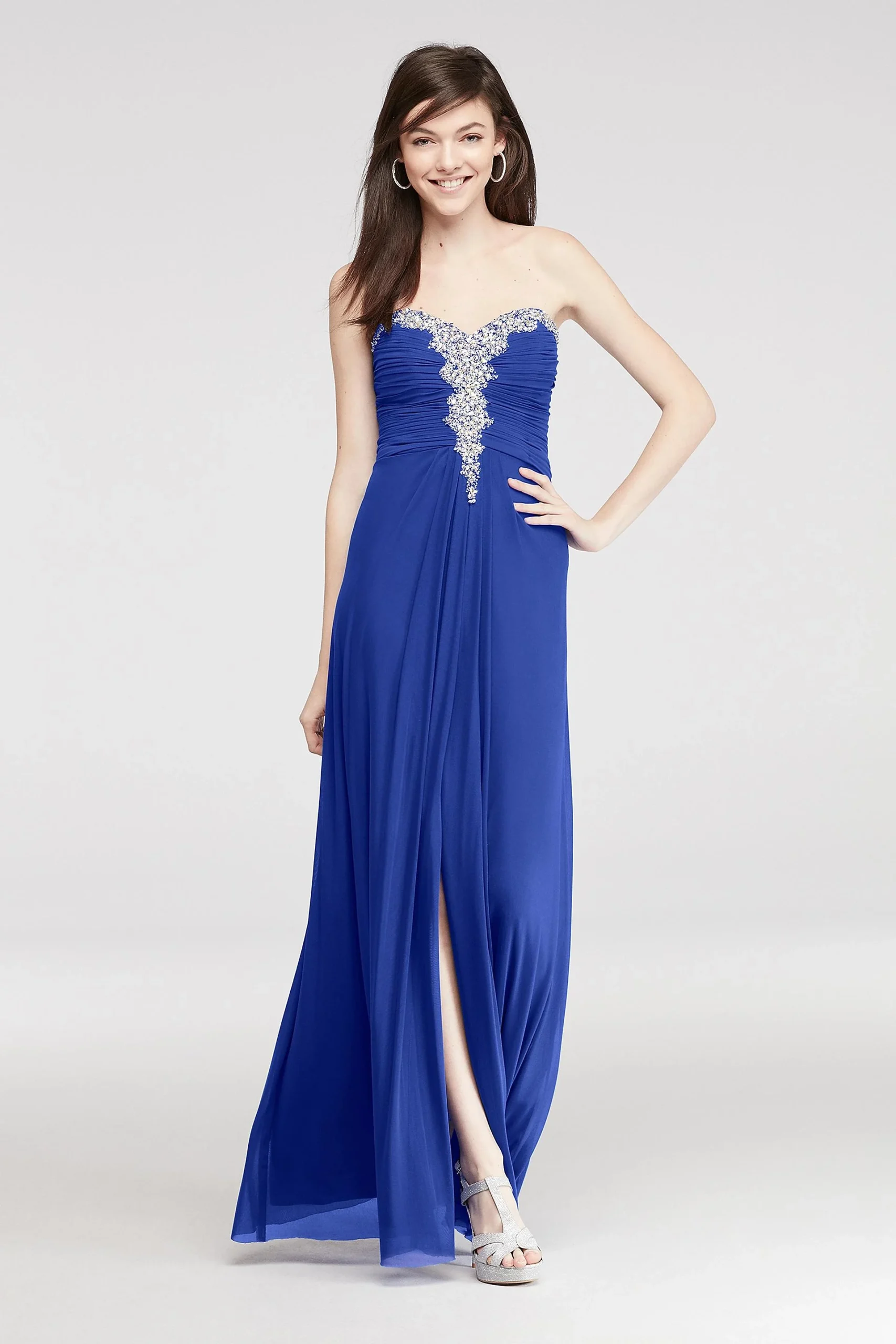 Crystal Beaded Neckline Long Mesh Prom Dress