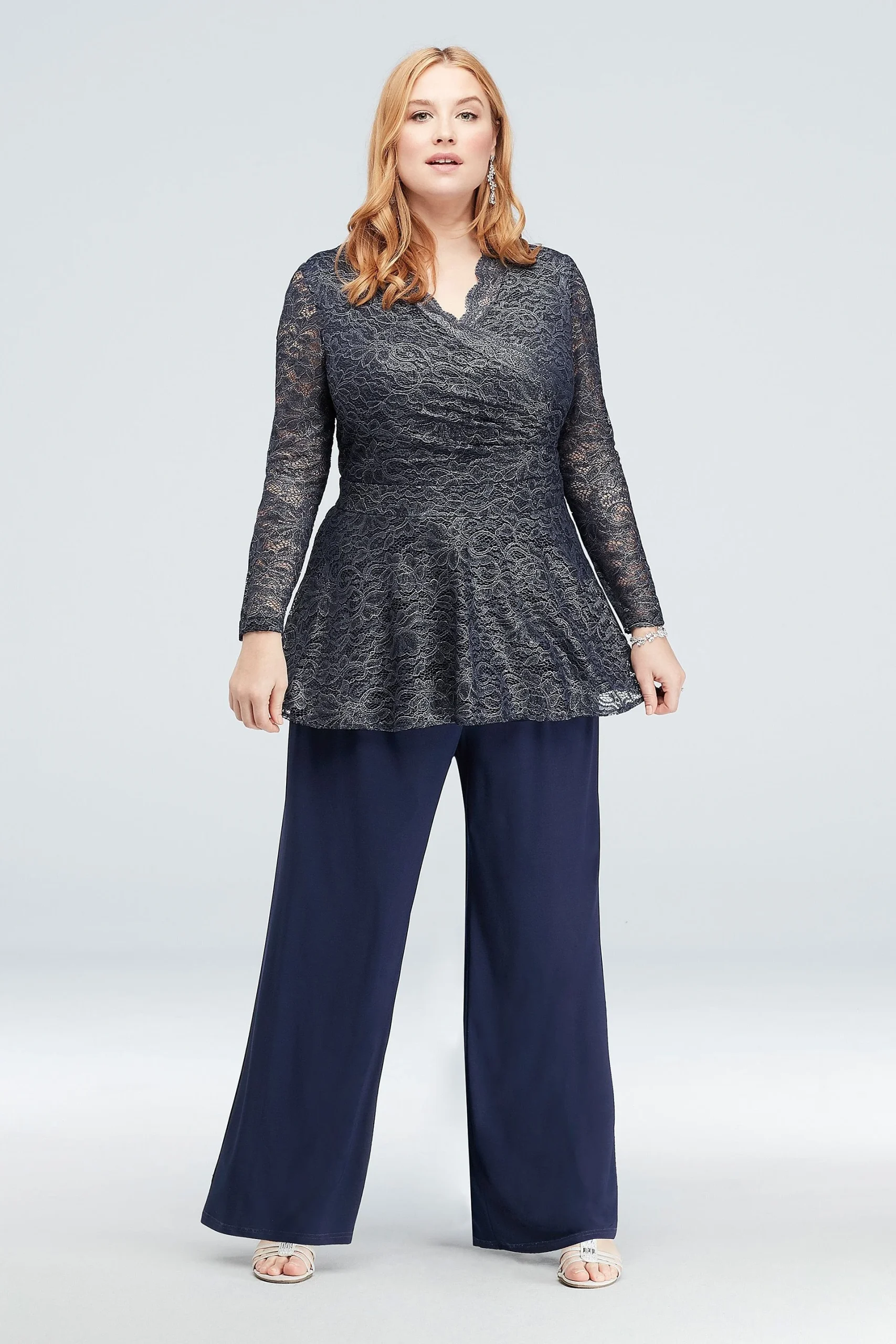 Gathered Floral Metallic Lace Plus Size Pantsuit