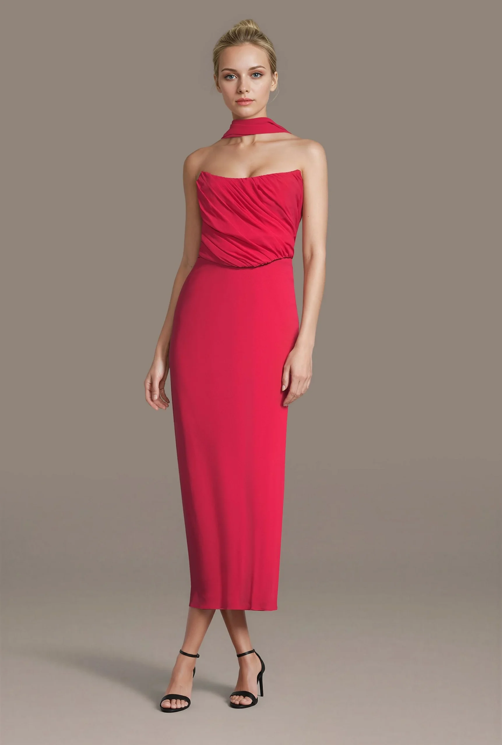 Chiffon Sheath Dress with Pleated Bodice and Scarf