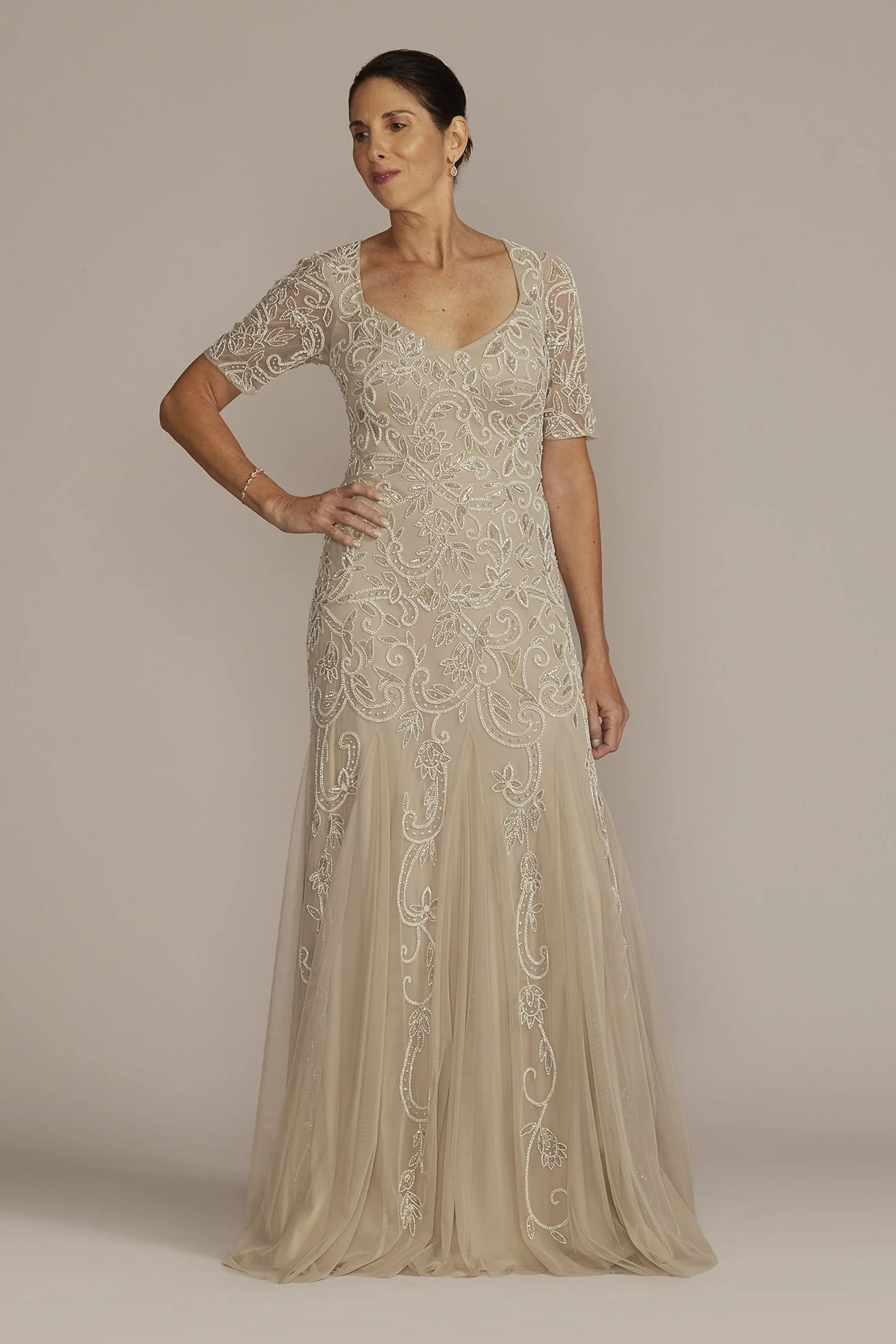 Beaded Godet Gown with Elbow Length Sleeves