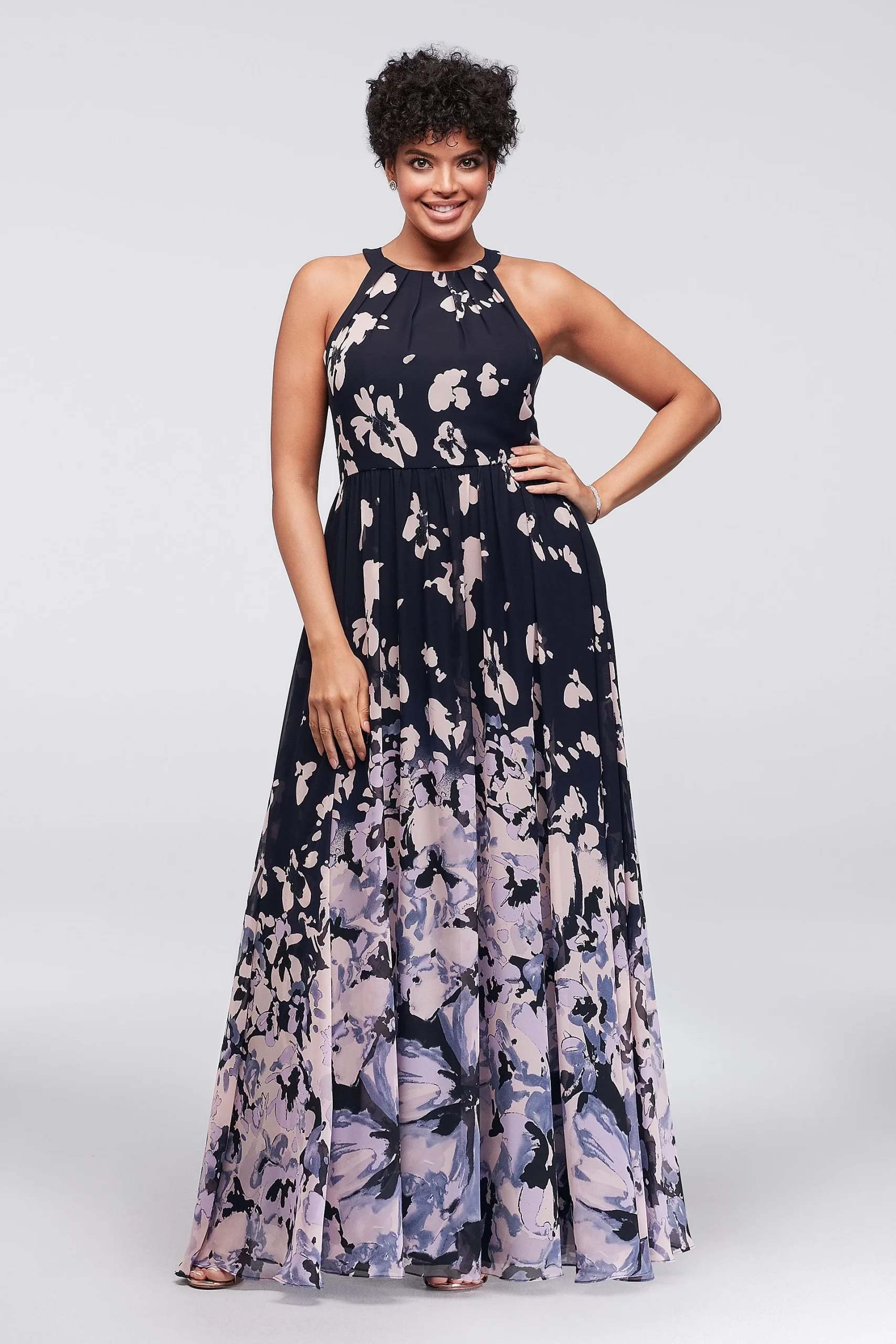 Abstract Floral Chiffon Tie-Back Gown