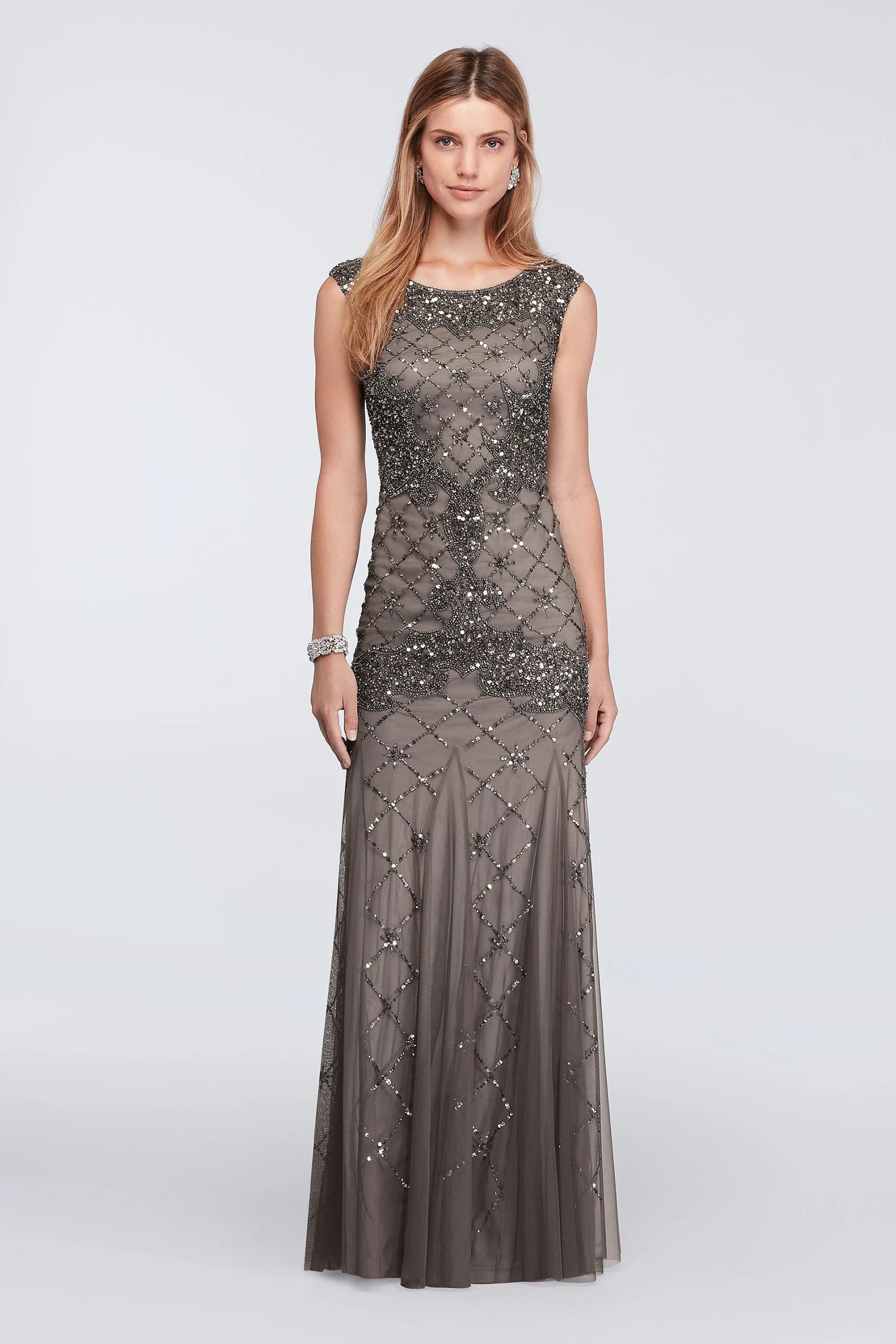 All Over Beaded Dress with Godets and Cap Sleeve
