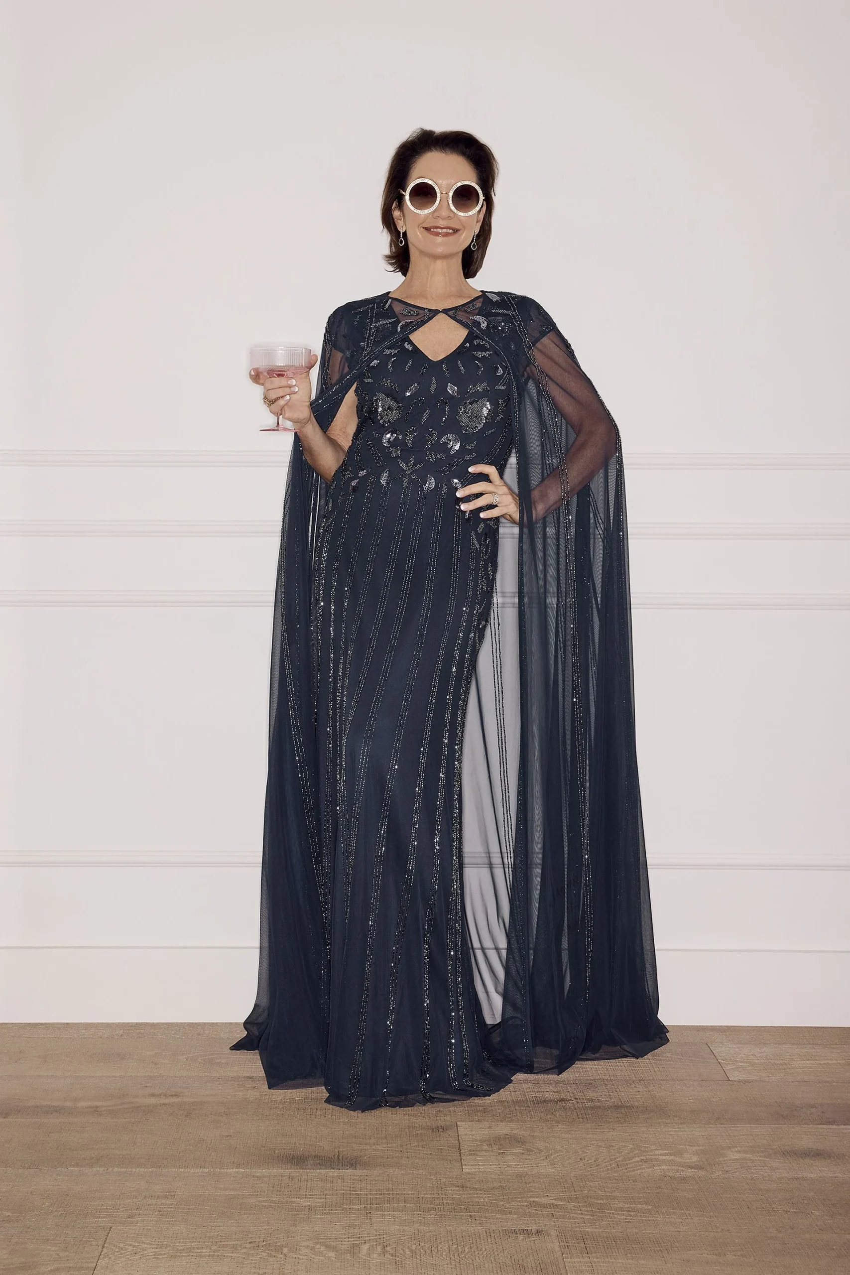 Allover Beaded Sheath Dress with Full Cape