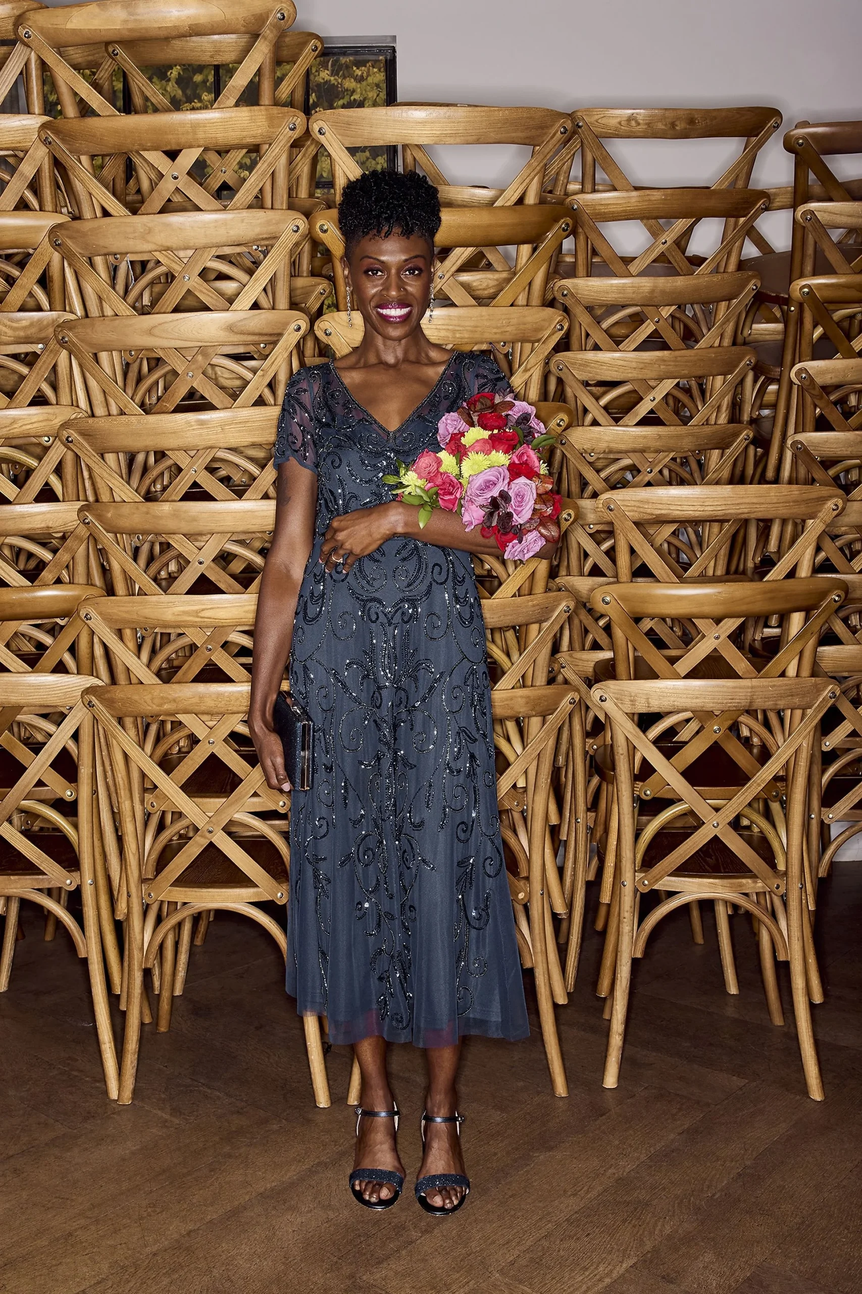 Allover Beaded Short Sleeve Midi Dress