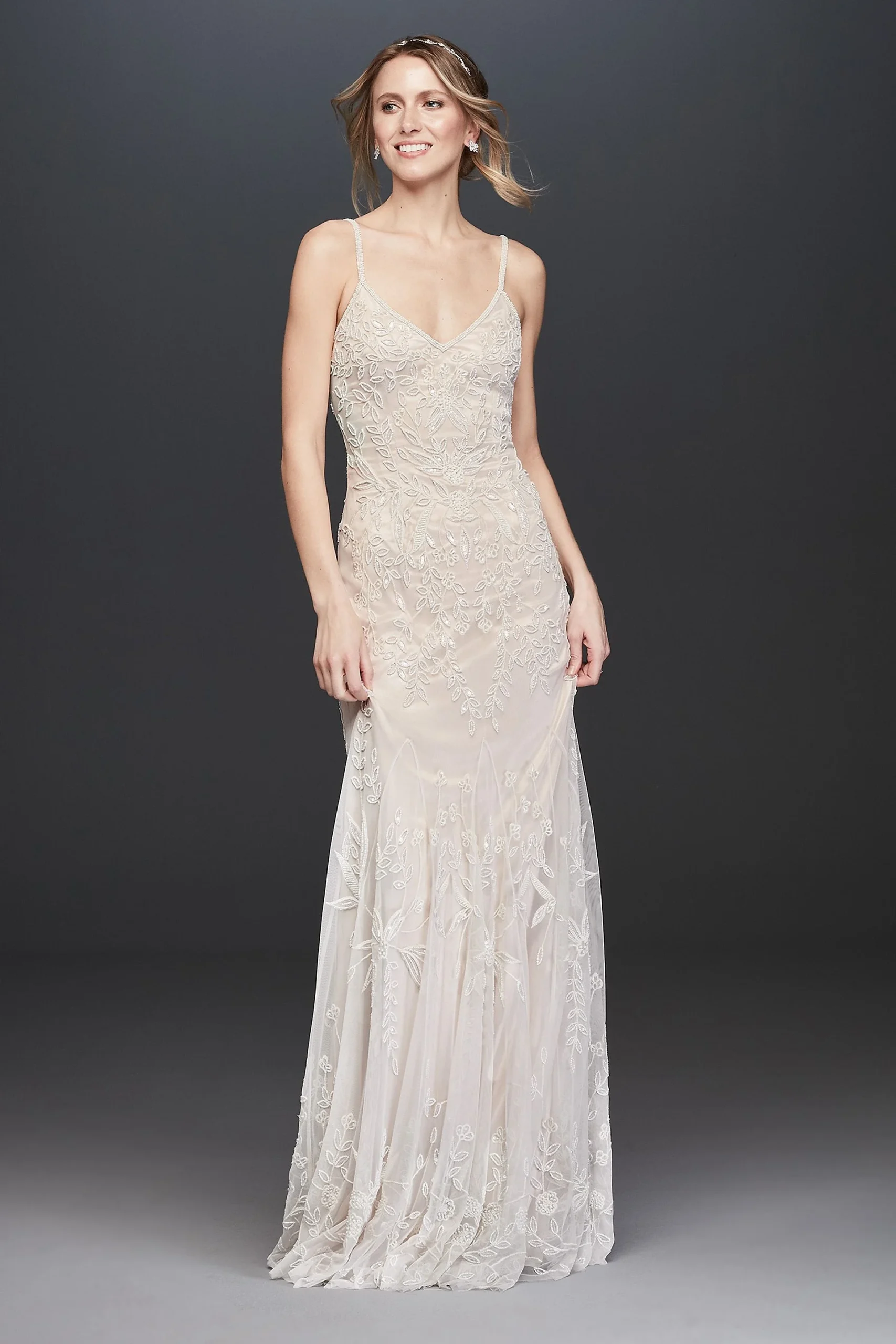 Allover Floral Beaded Sheath Wedding Dress