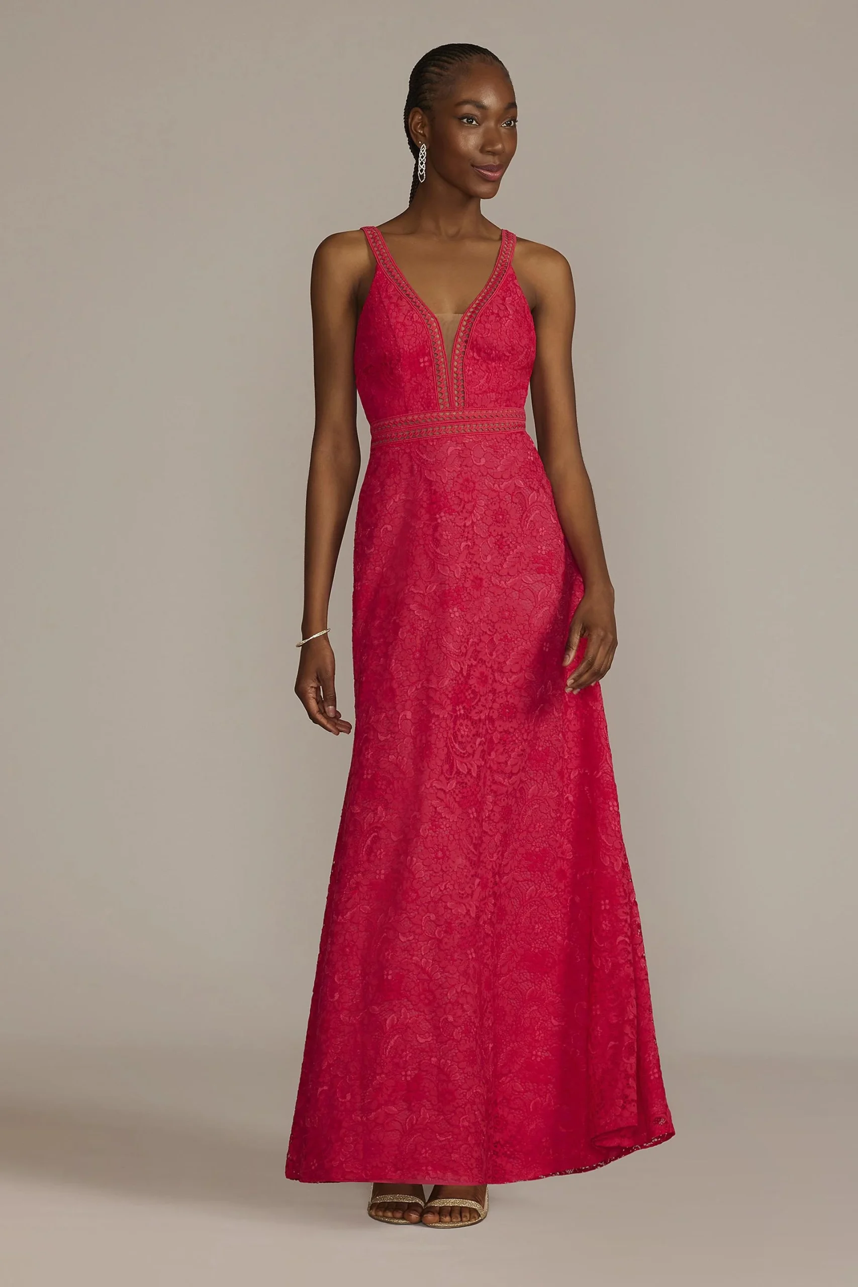 Allover Lace Illusion Plunge Gown