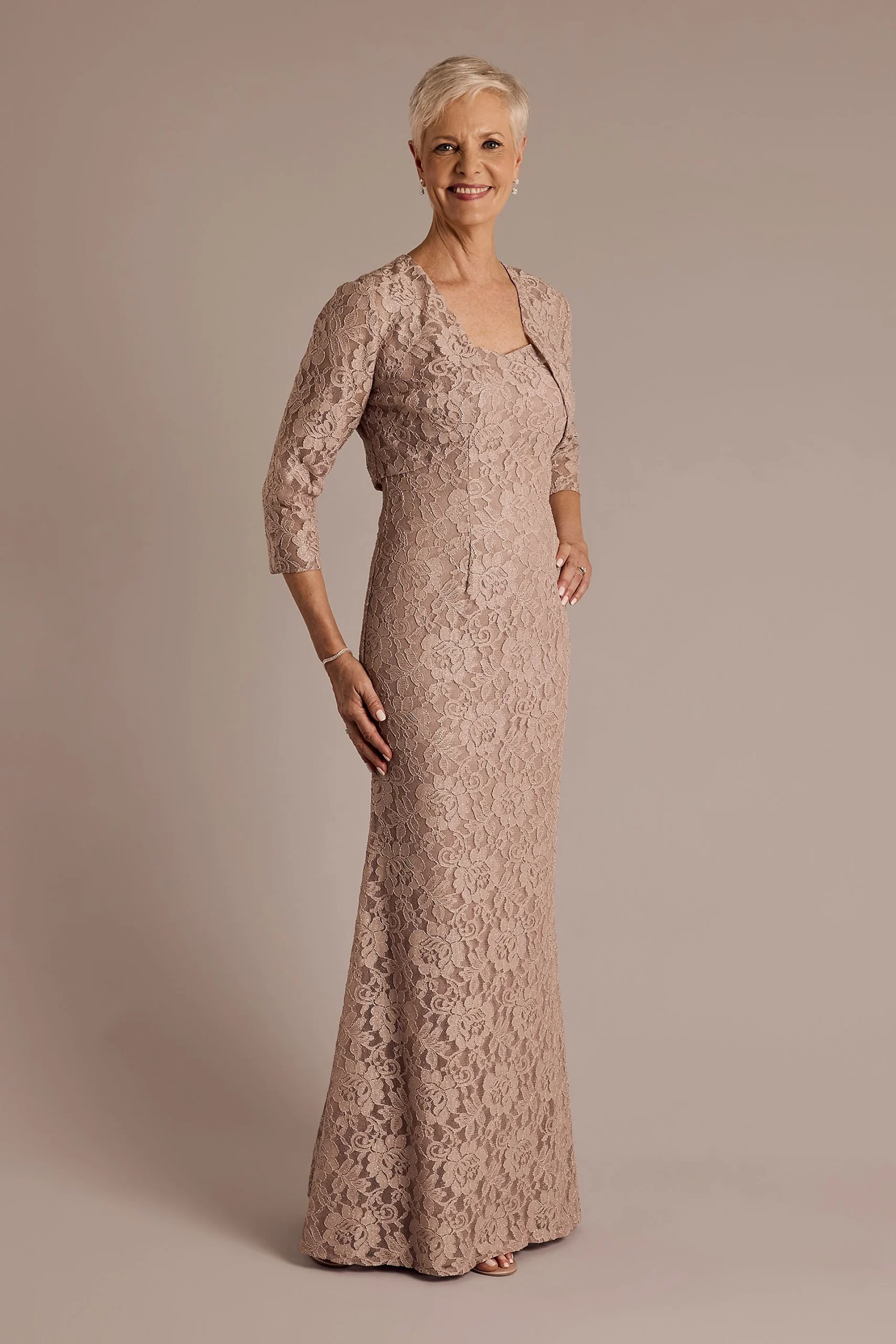Allover Lace Three-Quarter Sleeve Jacket Dress