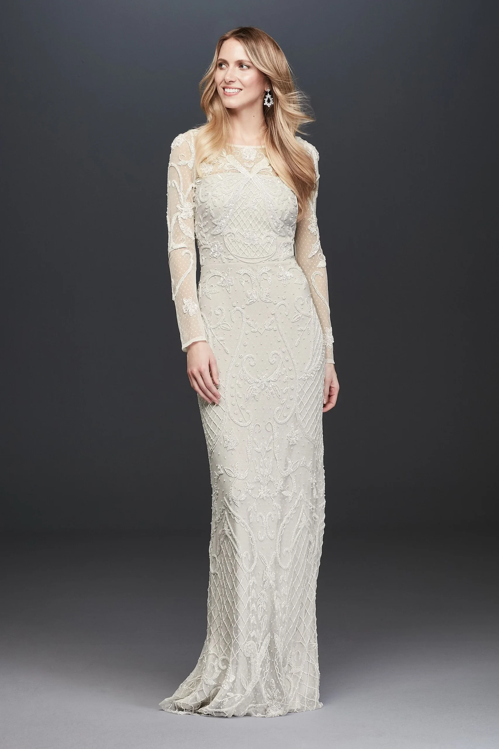 Allover Scroll Beaded Illusion Long Sleeve Gown