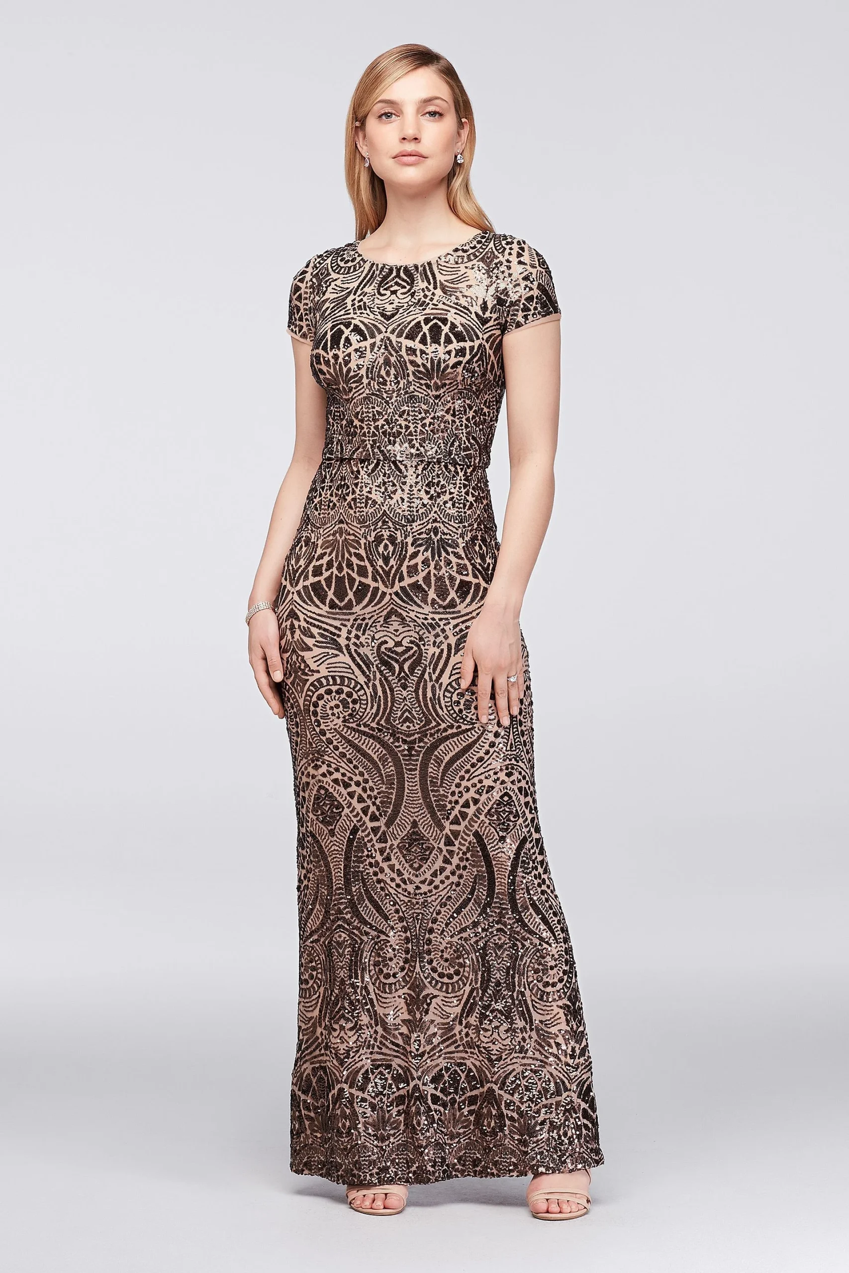 Allover Sequin-Embellished Mesh Column Gown