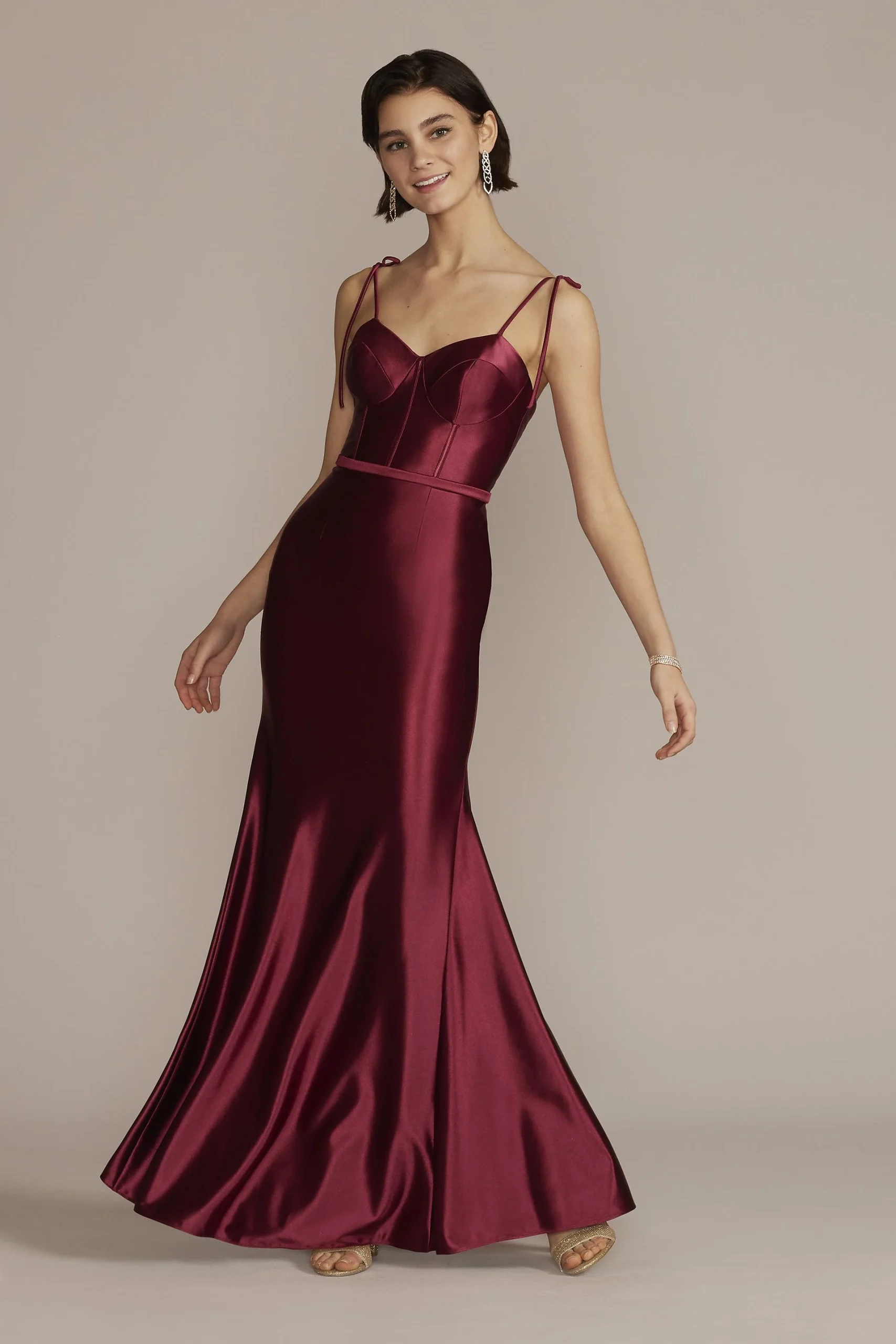 Allover Stretch Satin Corset Sheath Gown