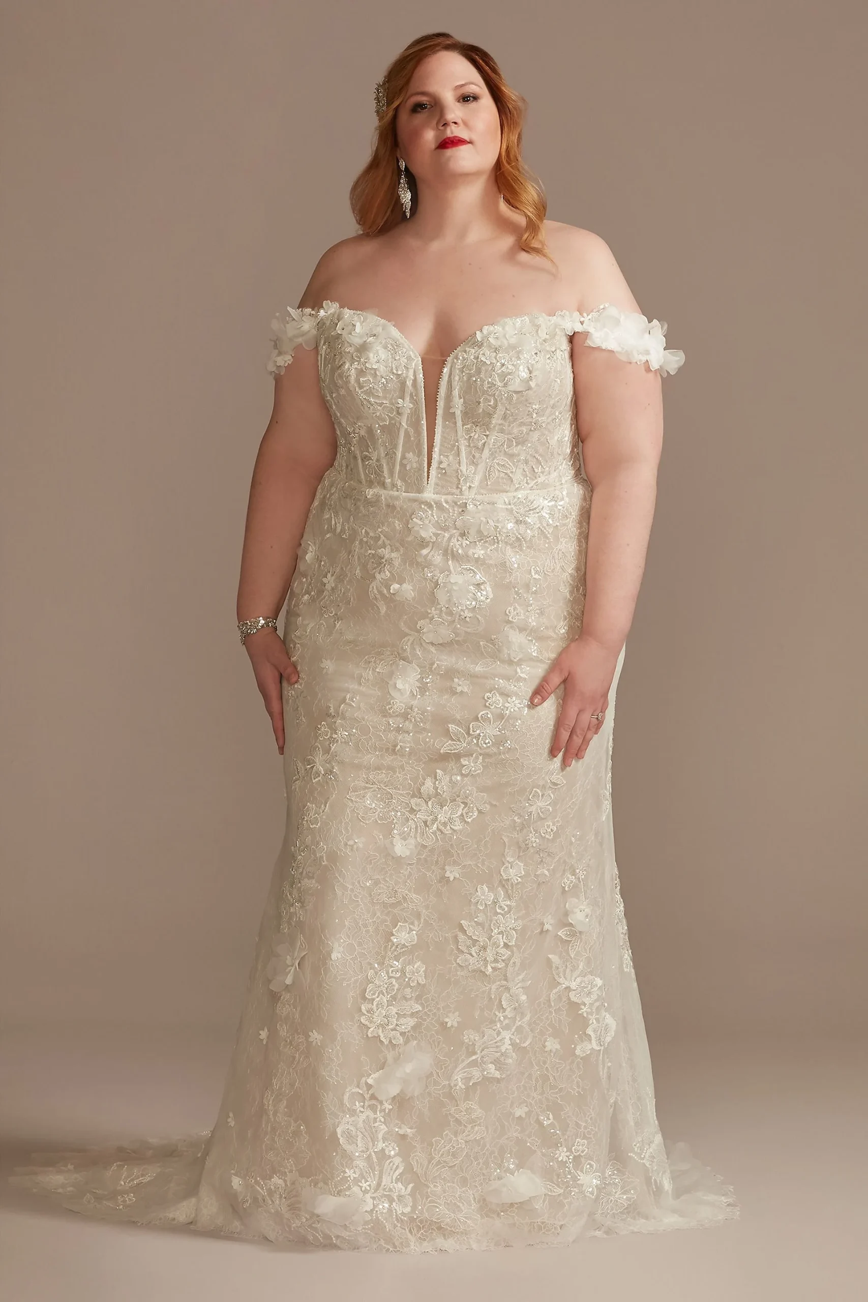 Applique Plunge Plus Size Wedding Dress