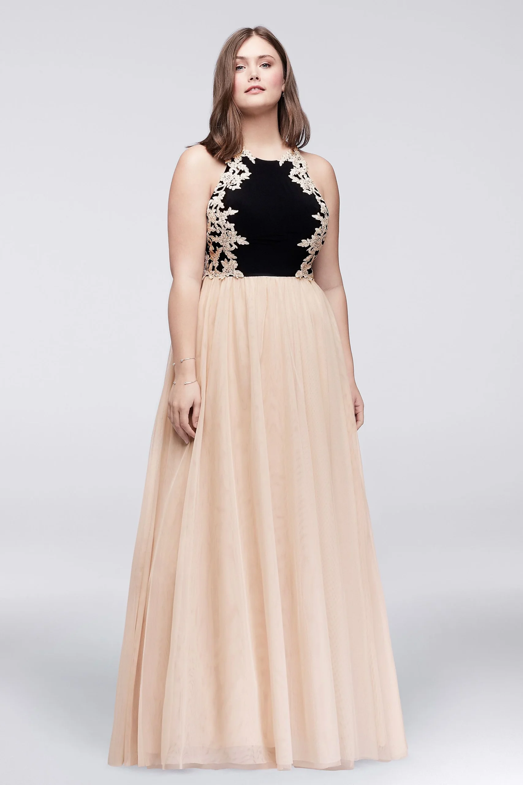 Appliqued Jersey and Mesh Low Back Ball Gown