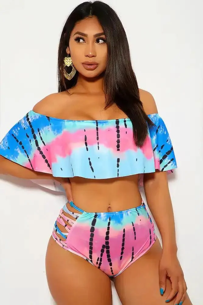 Aqua Fuchsia Tie Dye High Waist Two Piece Swimsuit