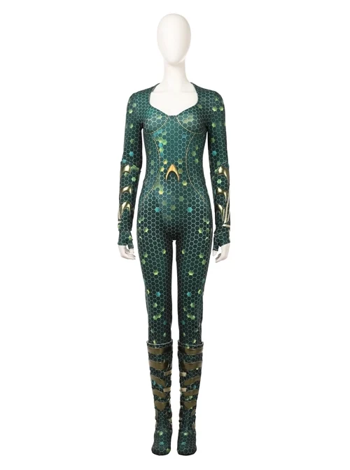 Aquaman Mera Green Scale Print Battle Suit Halloween Cosplay Costume Full Set