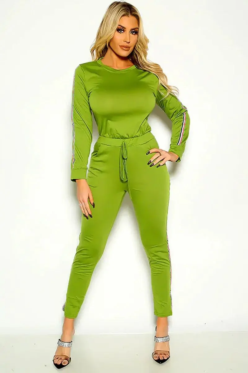 Army Green Striped Long Sleeve Top & Leggings Set