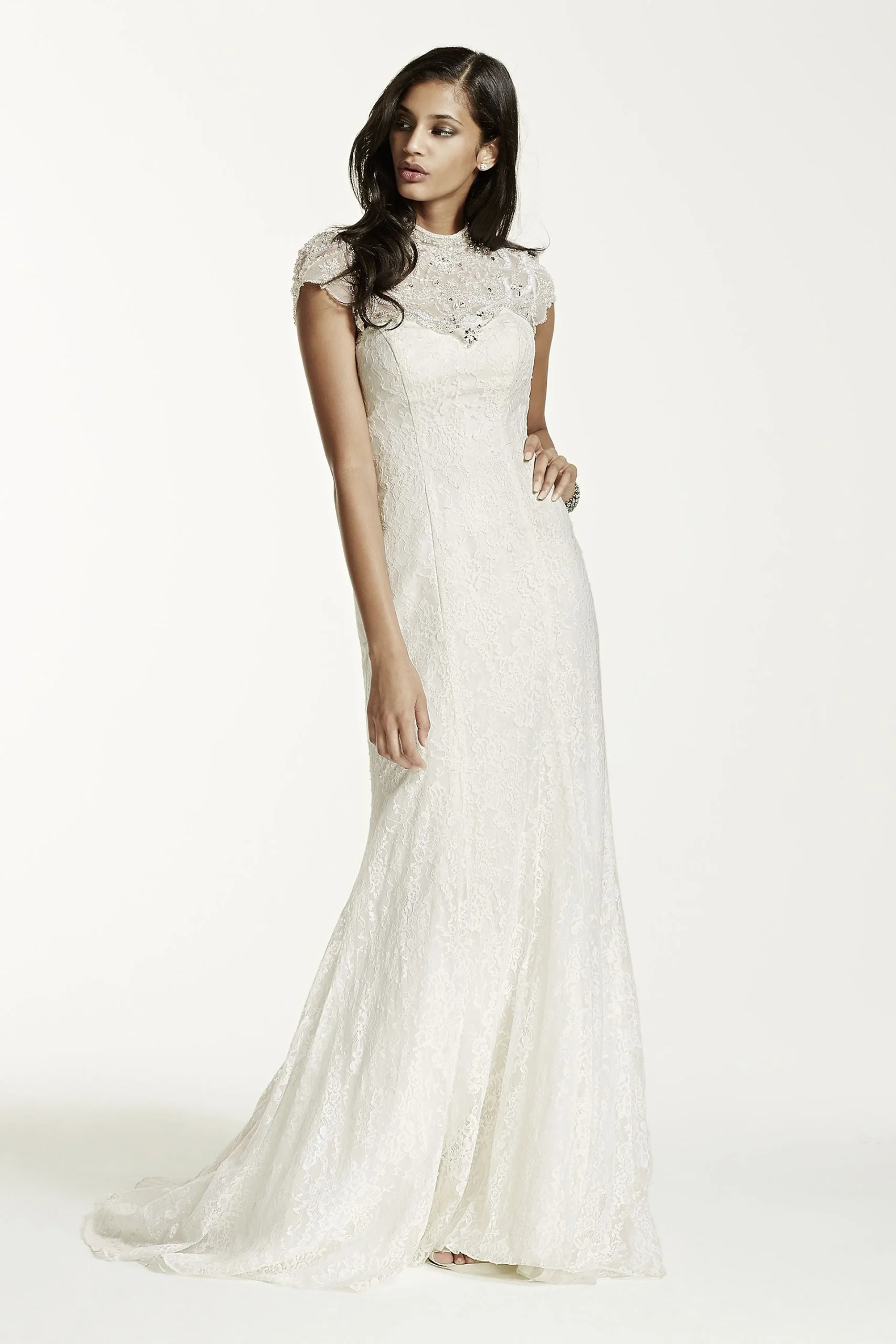 As-Is Lace Sheath Gown with Capelet Embellishment