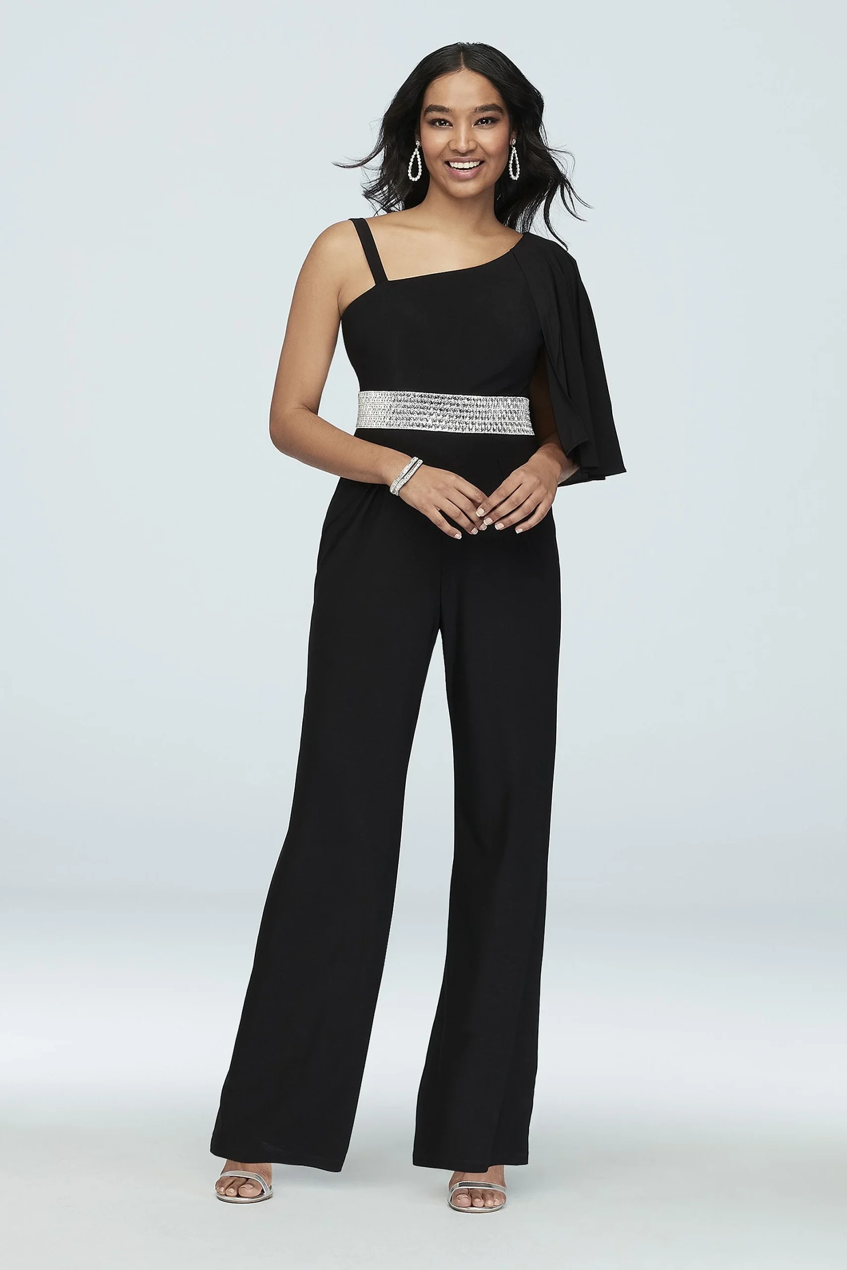 Asymmetric Sleeve Jumpsuit with Crystal Belt