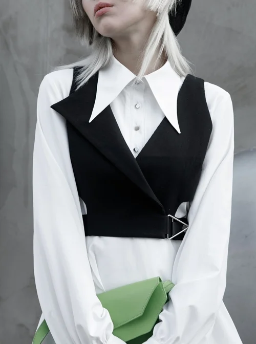Asymmetric Unilateral Lapel Waist Hollow-Out Metal Buckle Waist Loop Black Punk Waistcoat