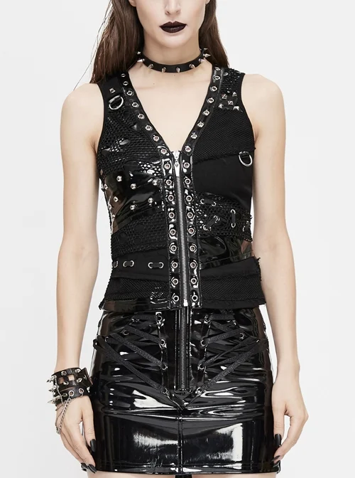 Asymmetrical Design V-Neck Splice Mesh Heavy Metal Black Punk Waistcoat