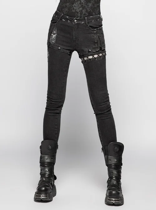 Asymmetrical Left Splicing Lace-Up Design Right Metal Zipper Rivet Black Punk Denim Trousers
