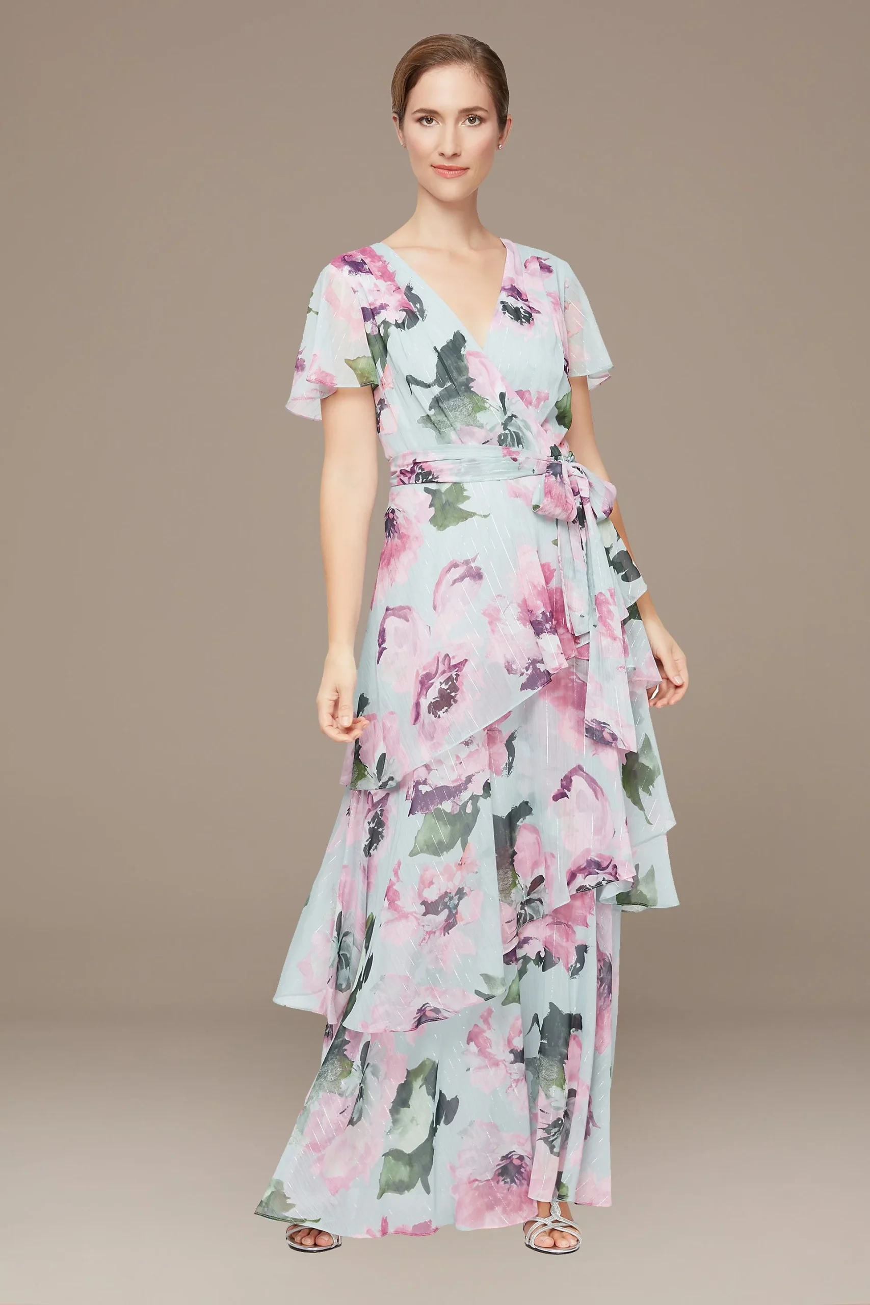 Asymmetrical Tiered Chiffon Gown with Tie Waist