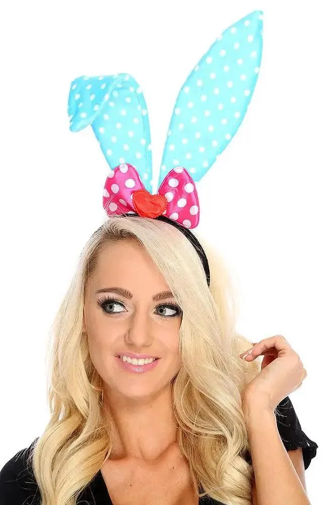 Baby Blue Polka Dot Bow Long Wire Bunny Ears