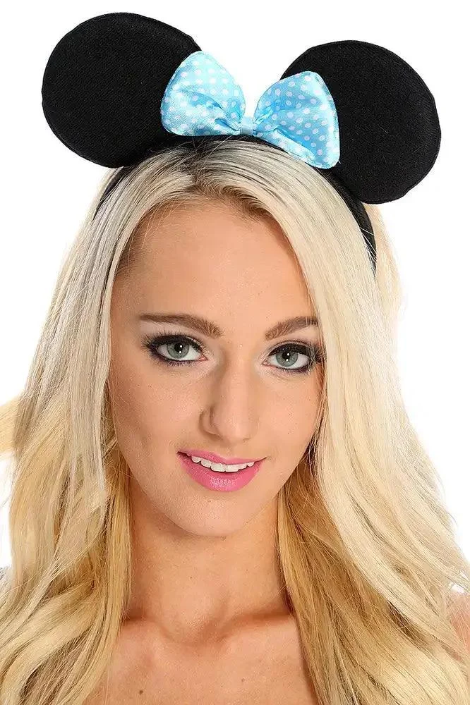 Baby Blue Polka Dot Print Bow Mouse Ears