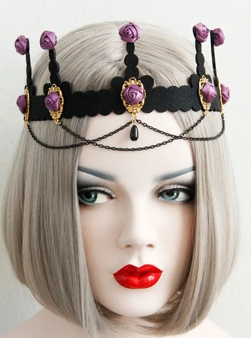 Baroque Palace Style Purple Rose Flower Black Tassel Crown Halloween Handmade Female Hair Band