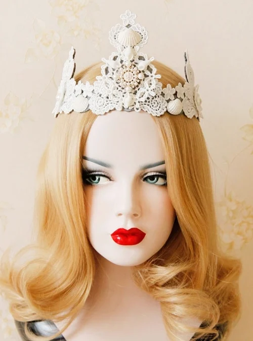 Baroque Pearl Shell Big Crown Bride Wedding White Lace Headband