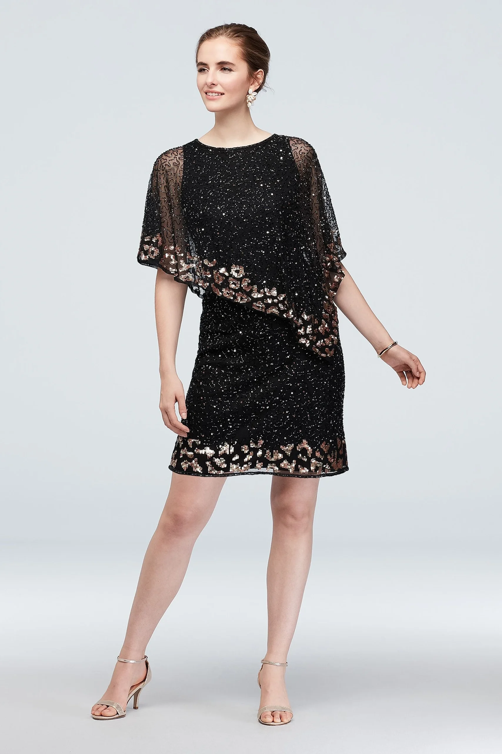 Bead and Sequin Asymmetric Chiffon Capelet Dress