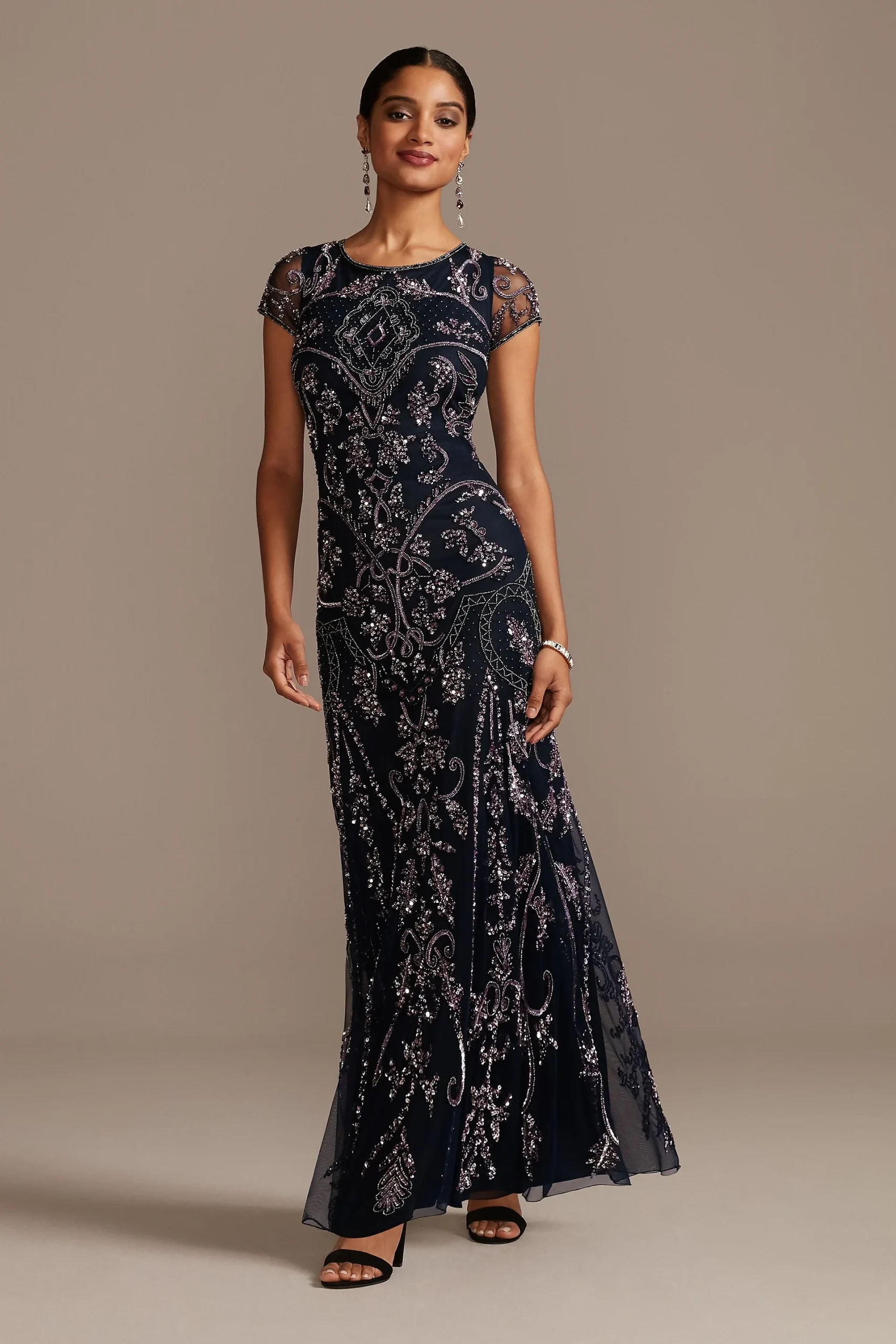 Bead and Sequin Embellished Scoopneck Mesh Gown