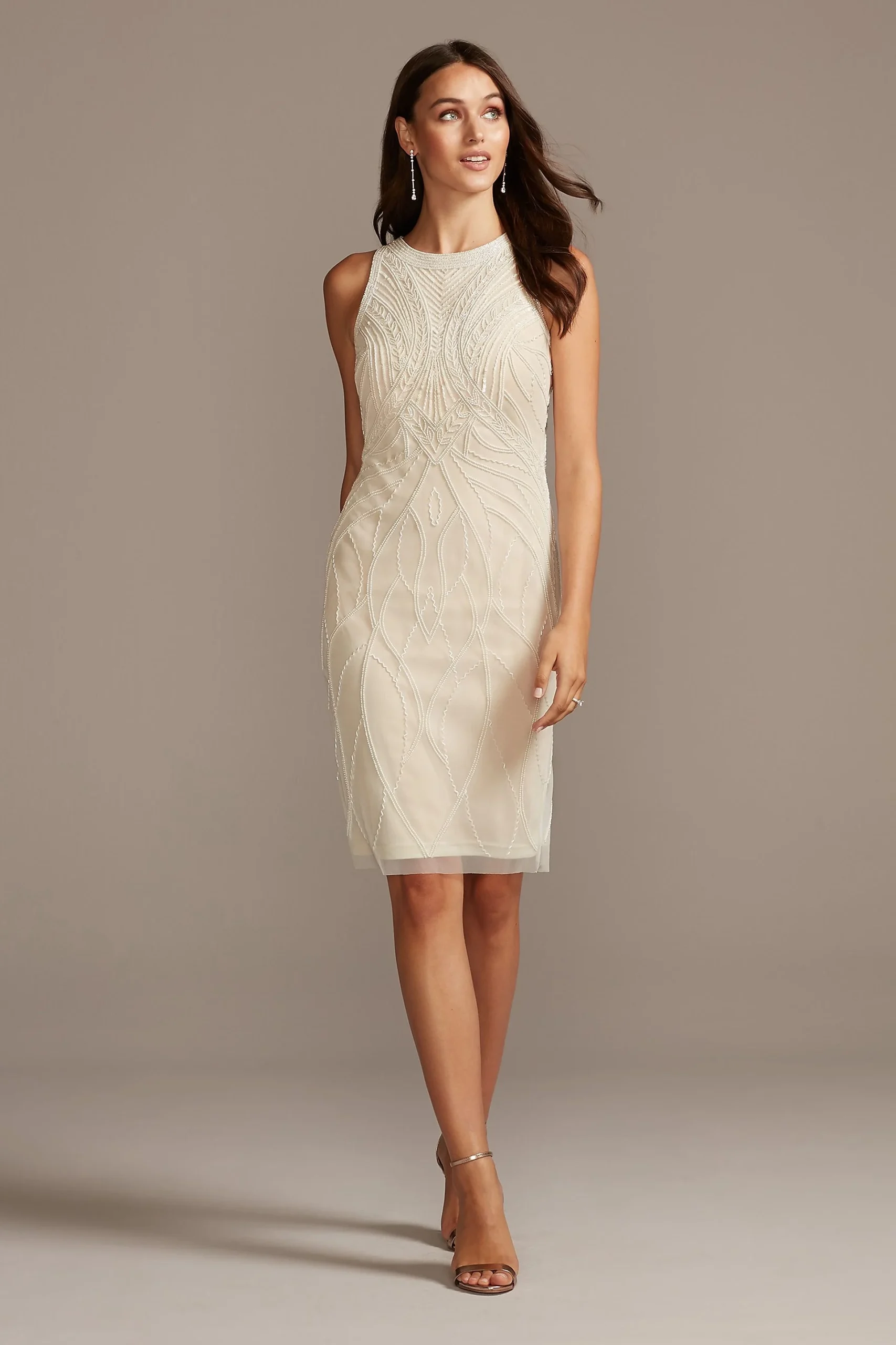 Bead and Sequin Mesh Overlay Shift Dress