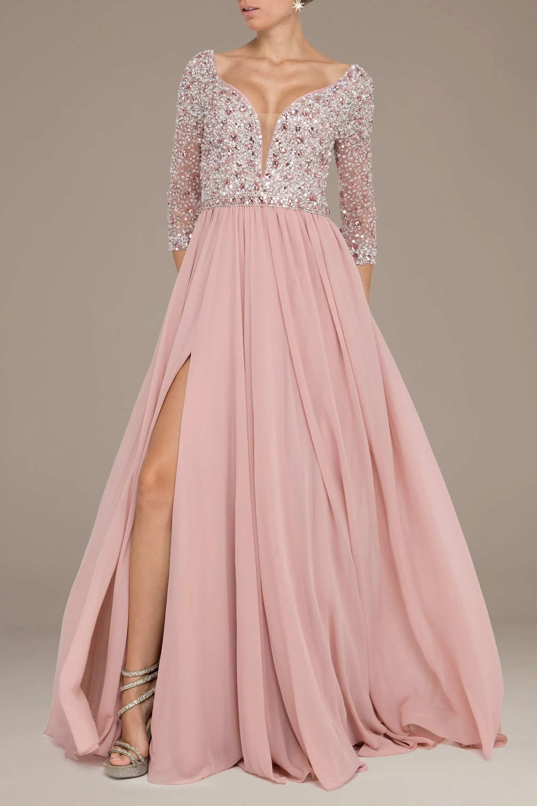 Beaded 34 Sleeve Chiffon Dress with Slit