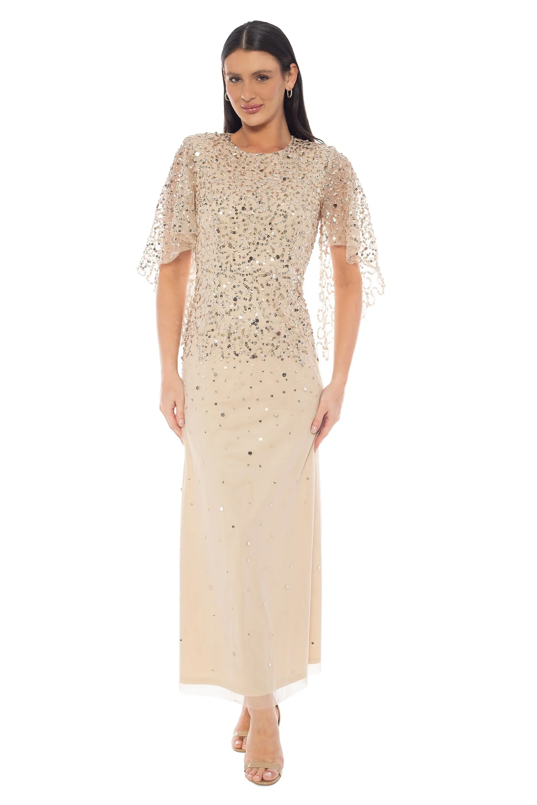 Beaded All Over Flutter Sleeve Gown