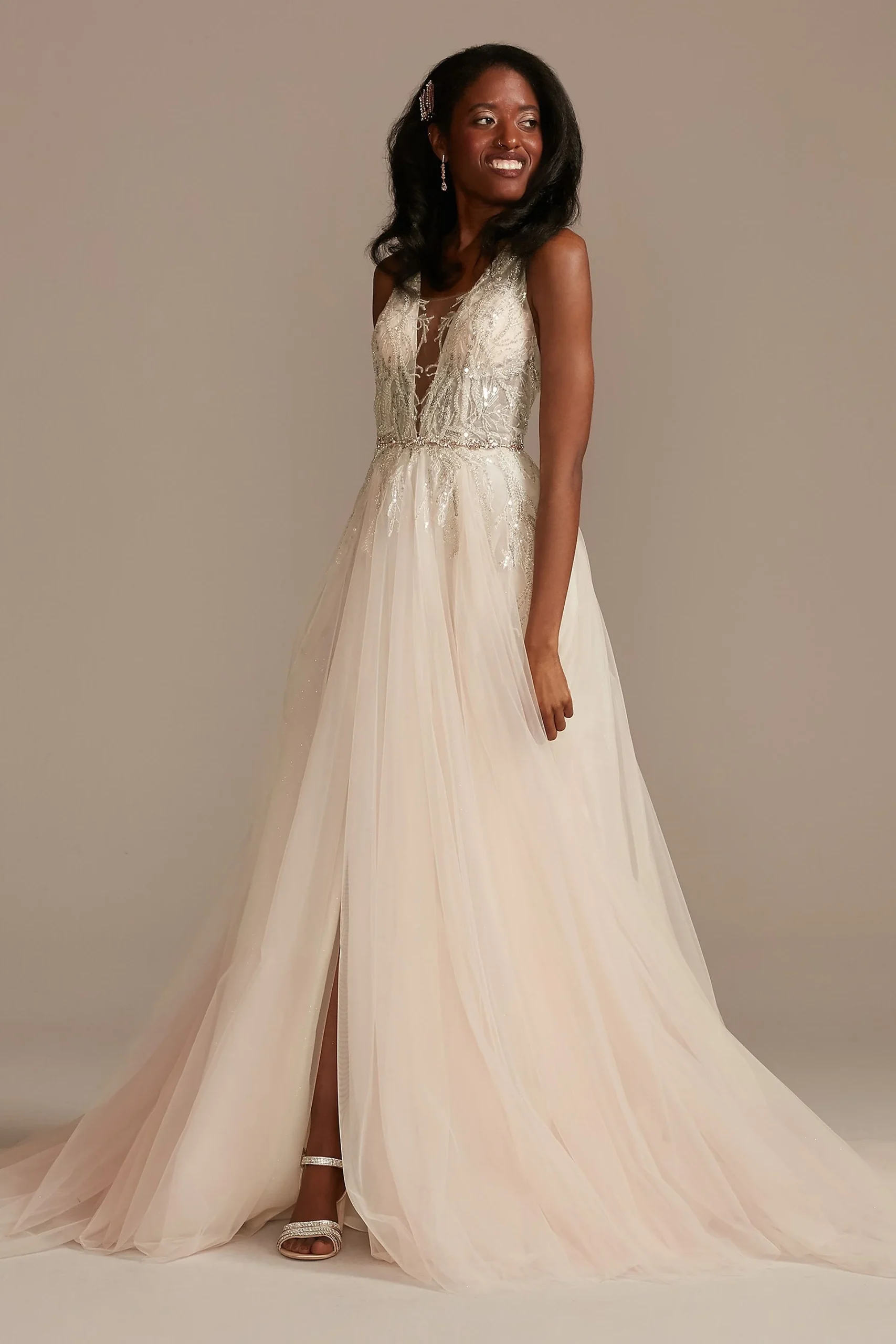 Beaded Applique Plunge Plus Size Wedding Dress