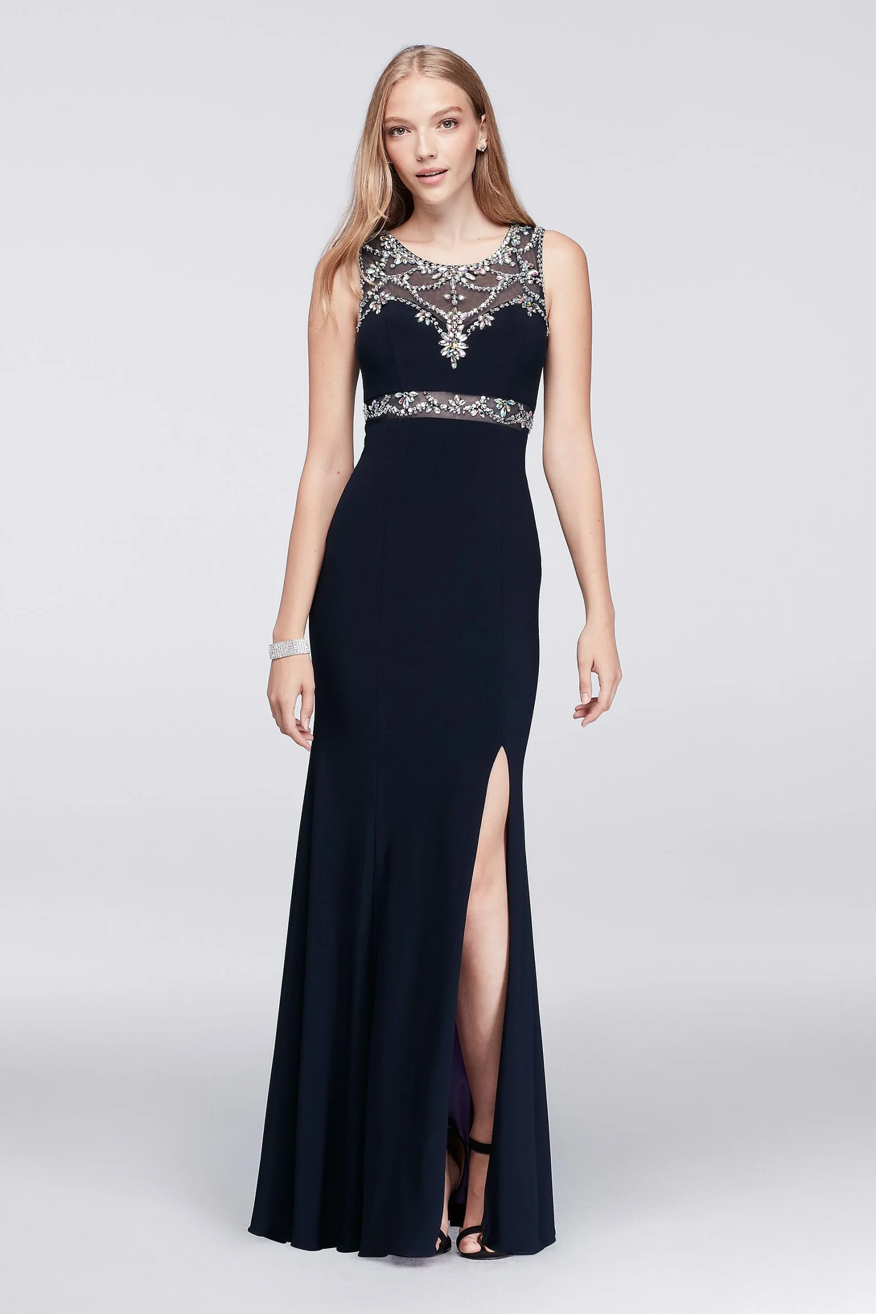 Beaded Back Illusion Bodice Long Dress
