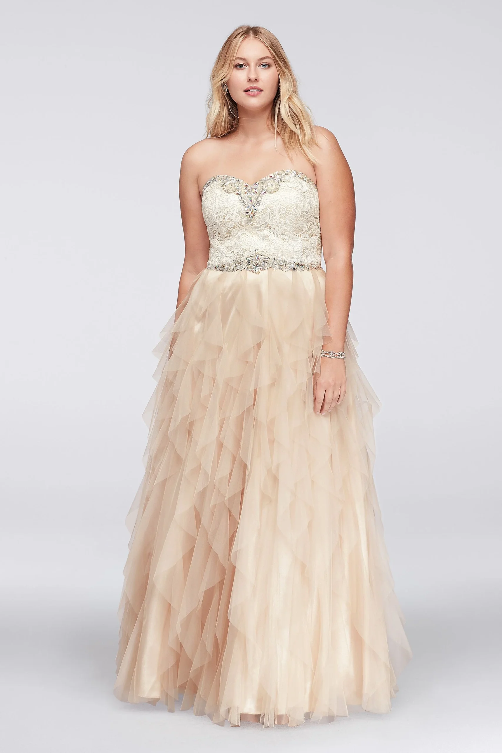 Beaded Ball Gown with Cascading Mesh Skirt